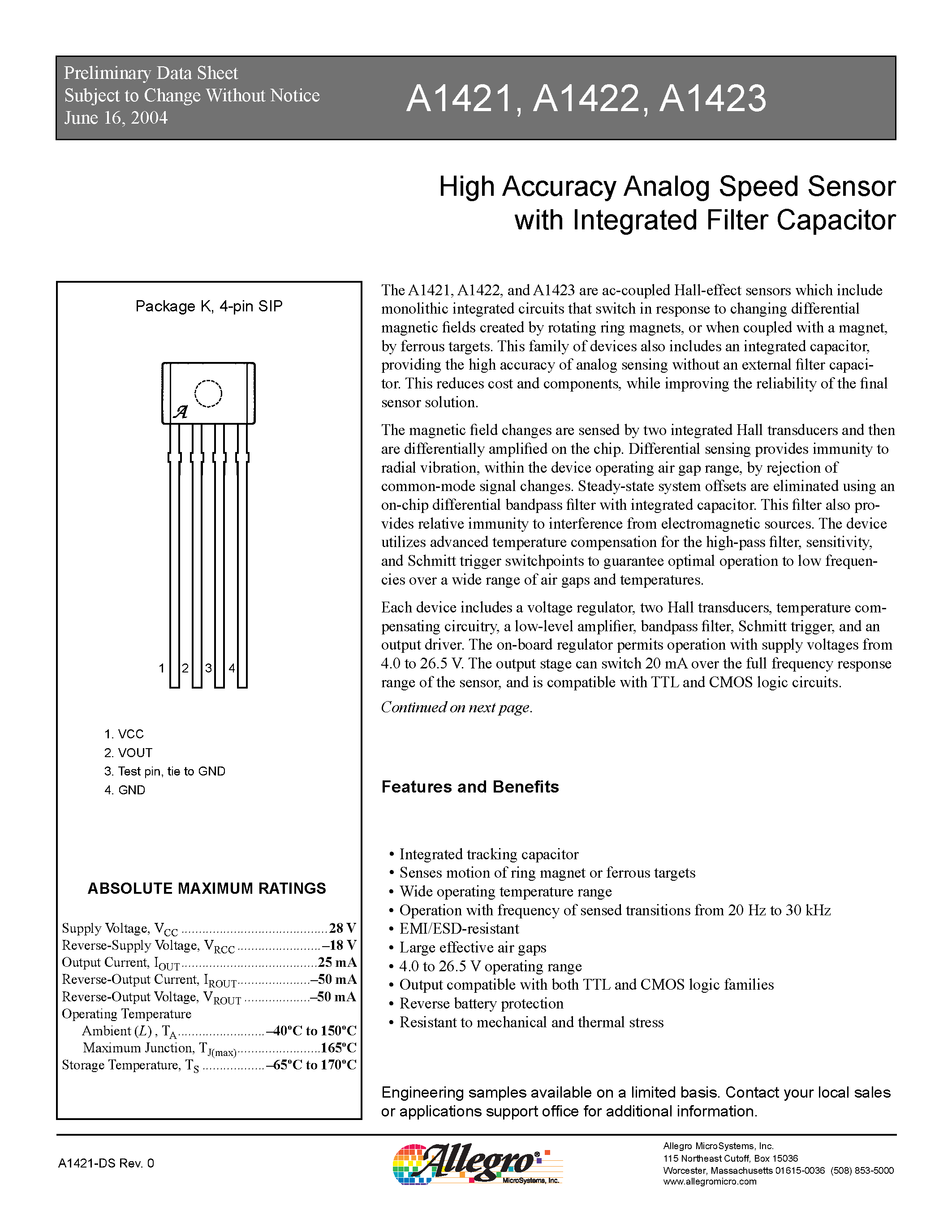 Datasheet A1421 - (A1421 / A1422 / A1423) High Accuracy Analog Speed Sensor with Integrated Filter Capacitor page 1