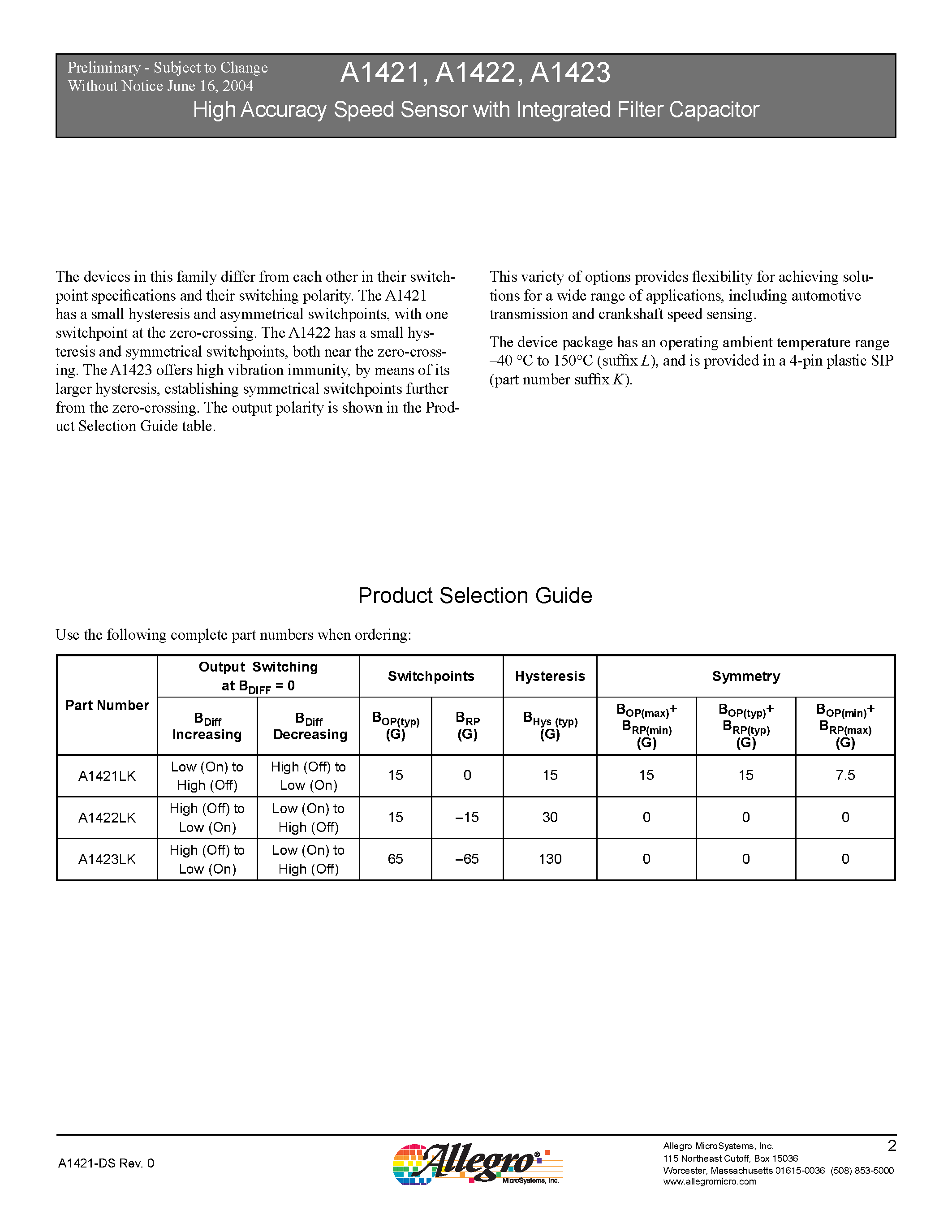 Datasheet A1421 - (A1421 / A1422 / A1423) High Accuracy Analog Speed Sensor with Integrated Filter Capacitor page 2