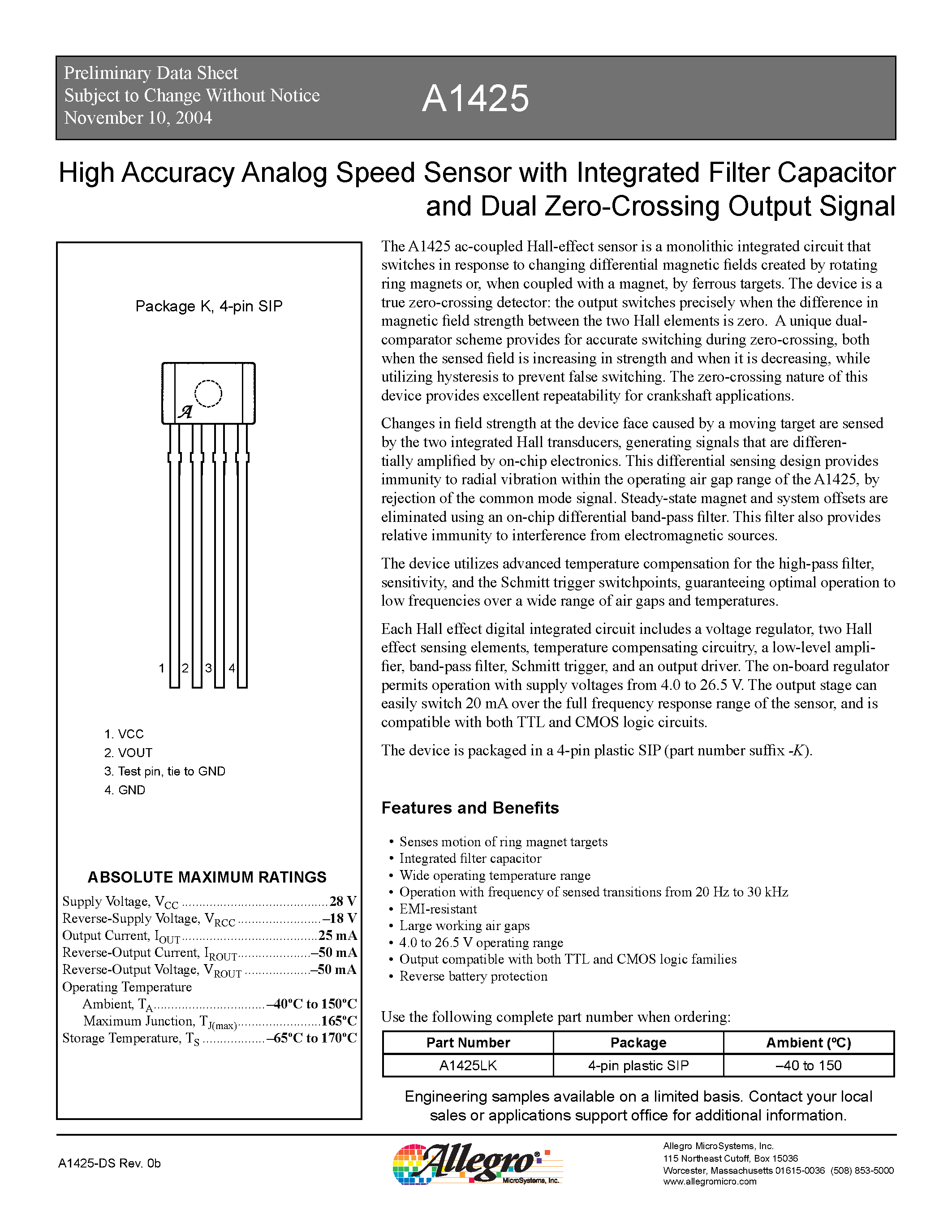 Datasheet A1425 - High Accuracy Analog Speed Sensor with Integrated Filter Capacitor and Dual Zero-Crossing Output Signal page 1