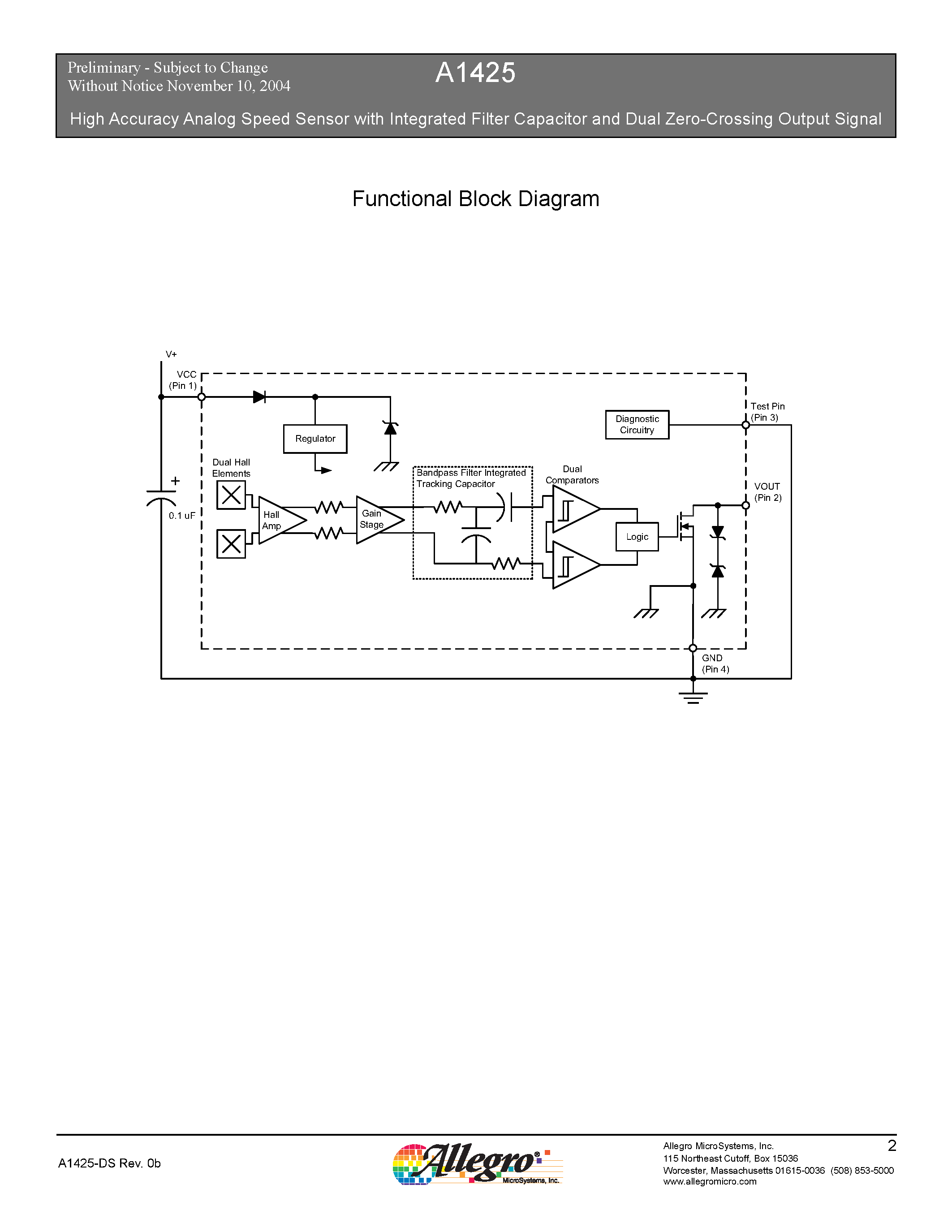 Datasheet A1425 - High Accuracy Analog Speed Sensor with Integrated Filter Capacitor and Dual Zero-Crossing Output Signal page 2