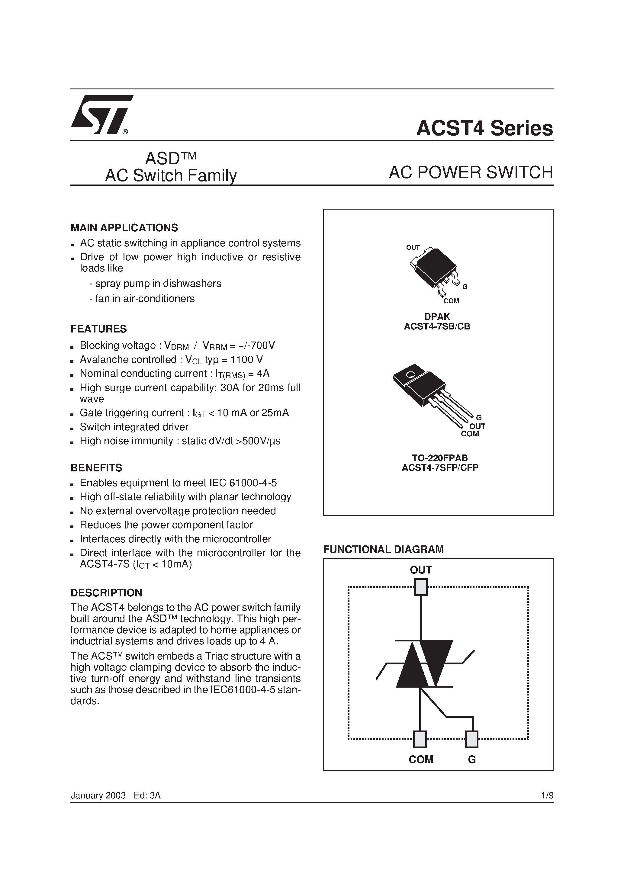 Даташит ACST4 - AC POWER SWITCH страница 1