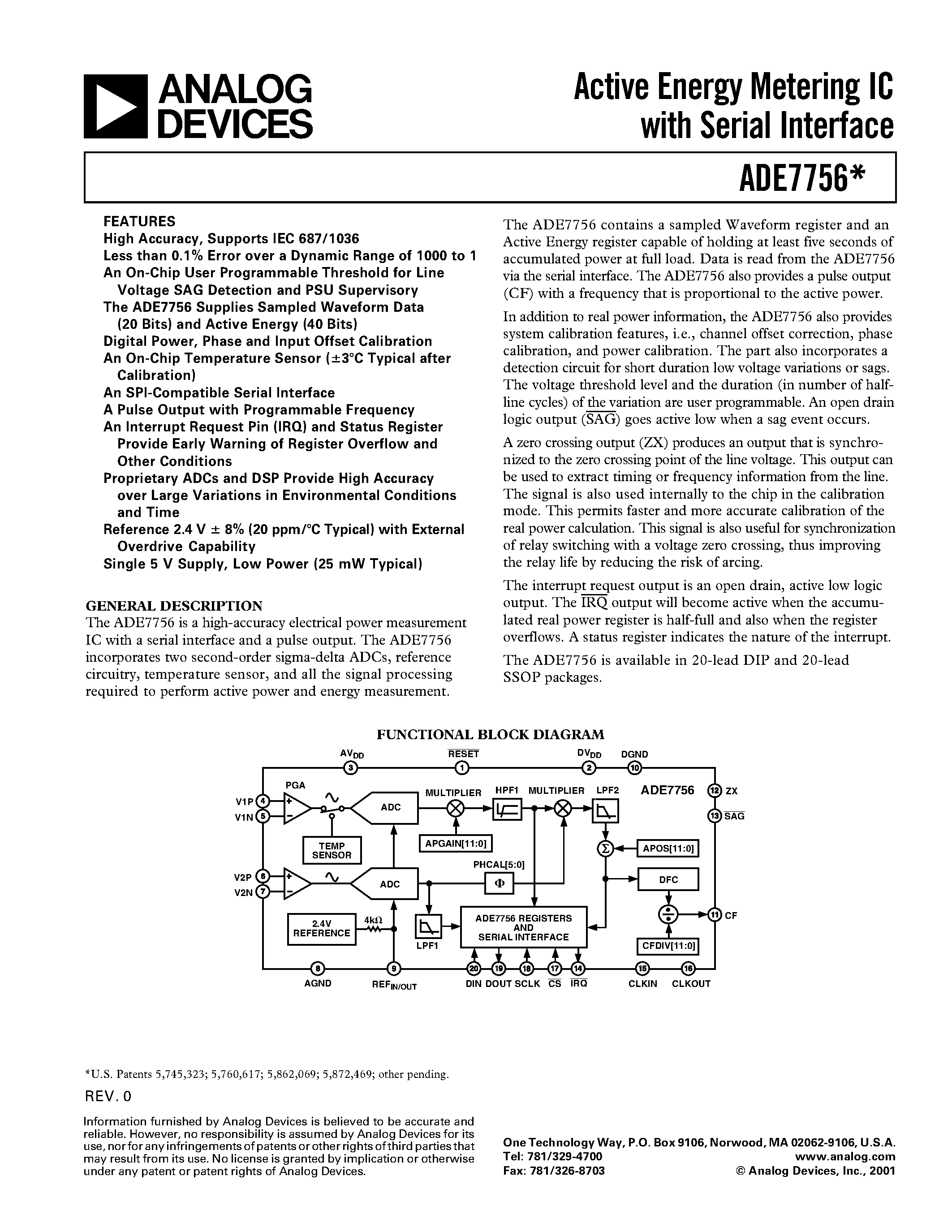 Даташит на микросхему ADE7756 страница 1 Даташит ADE7756 - Active Energy Metering IC with Serial Interface страница 1