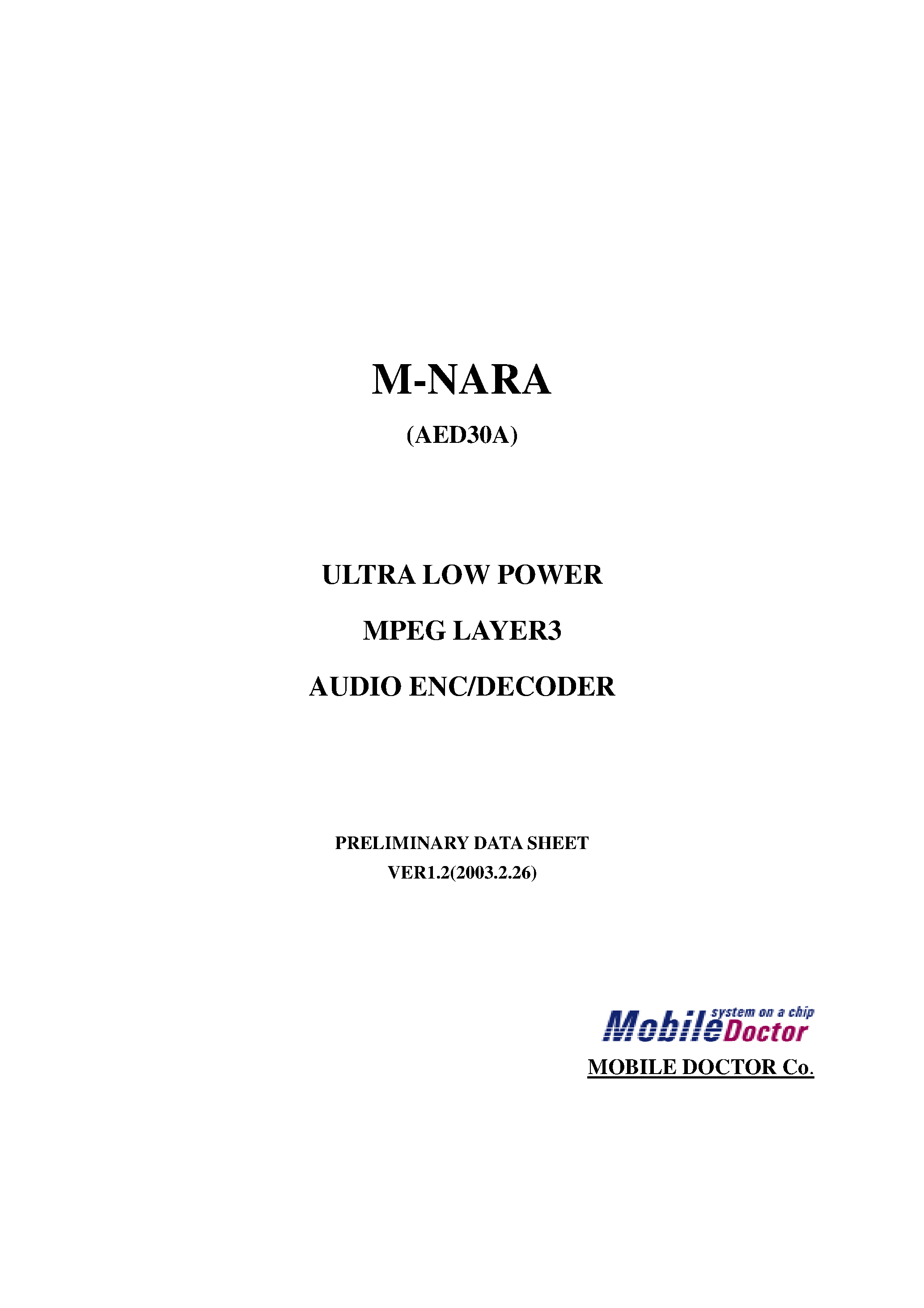 Даташит AED30A - M-NARA ULTRA LOW POWER MPEG LAYER3 AUDIO ENC/DECODER страница 1