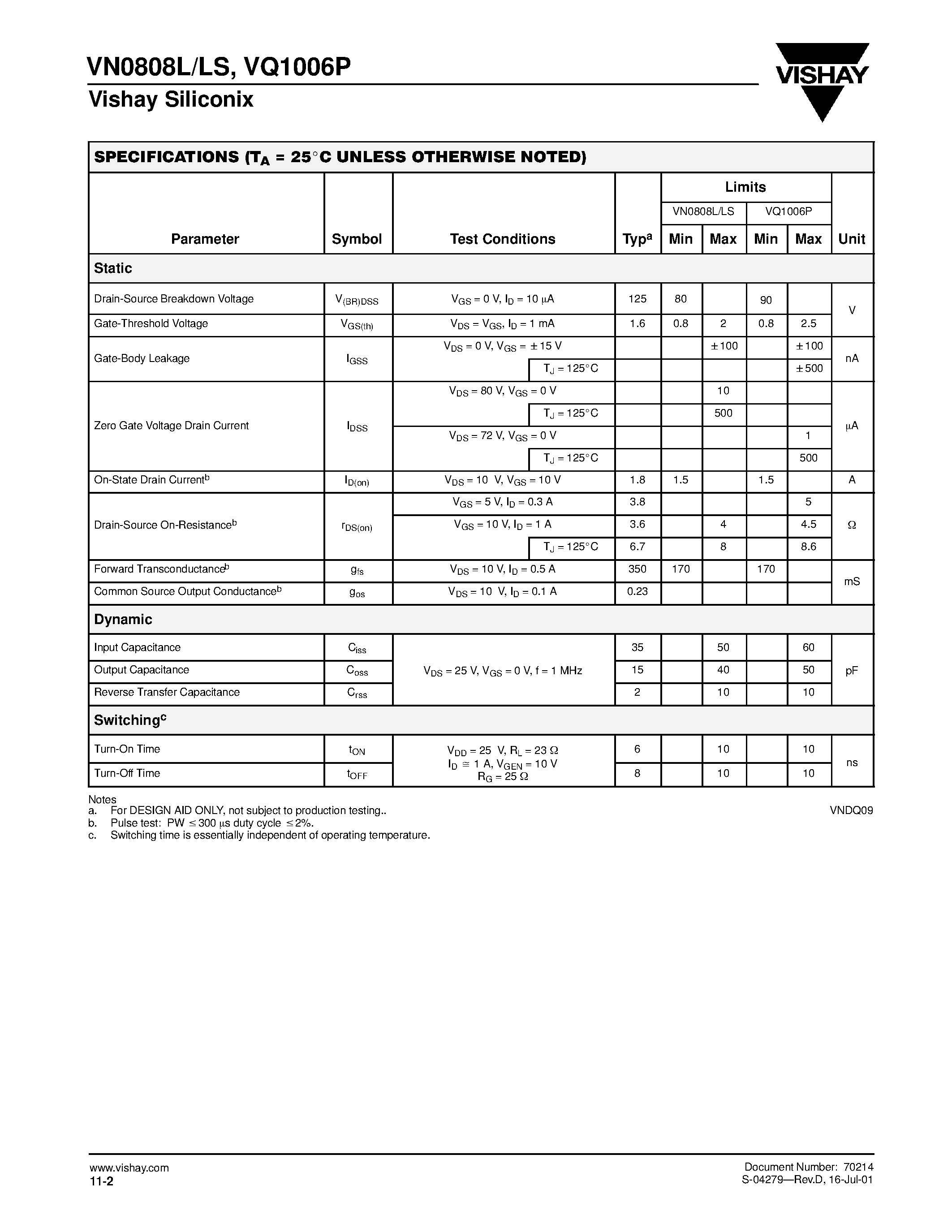 Datasheet VQ1006P - N-Channel 80- and 90-V (D-S) MOSFETs page 2