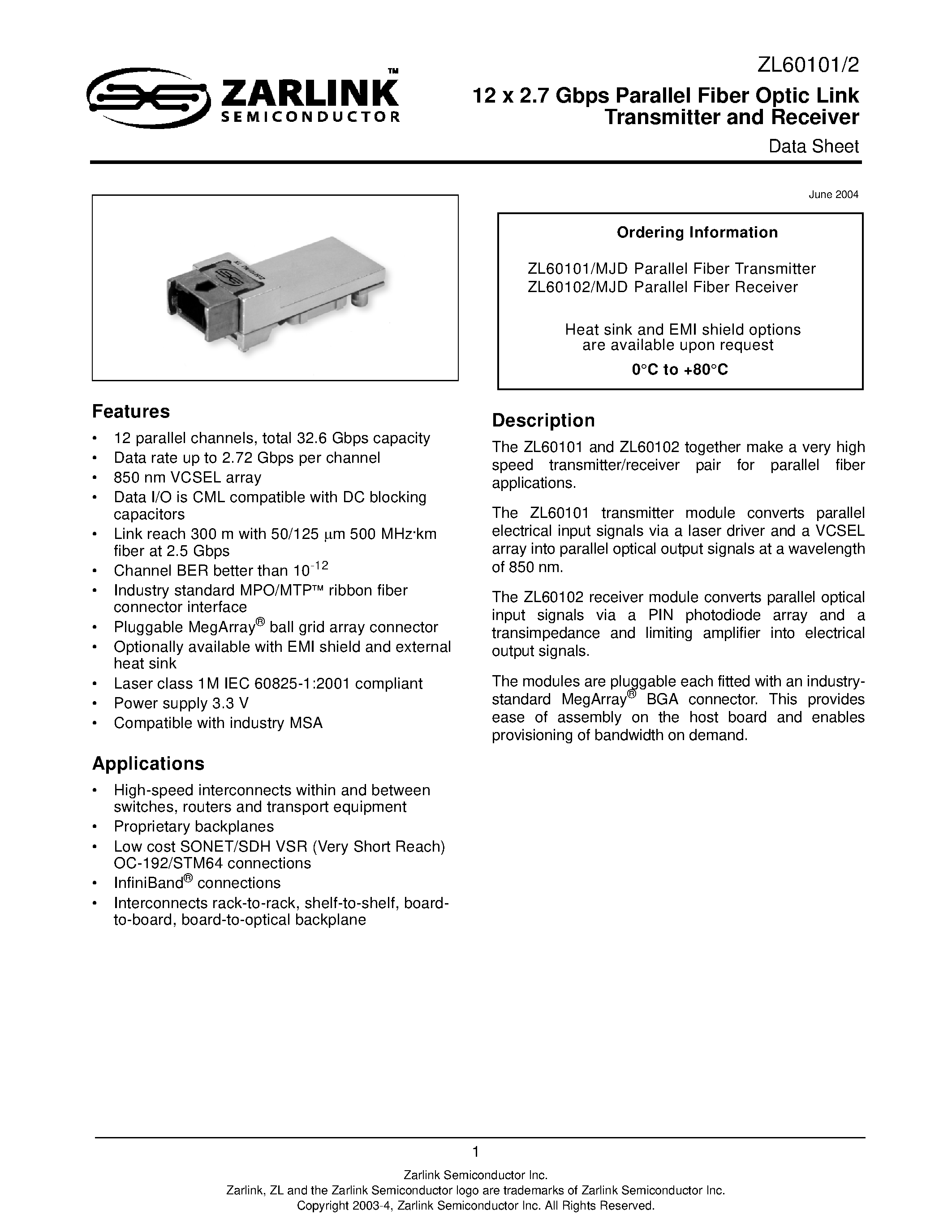 Даташит ZL60101 - (ZL60101 / ZL60102) 12 x 2.7 Gbps Parallel Fiber Optic Link Transmitter and Receiver страница 1