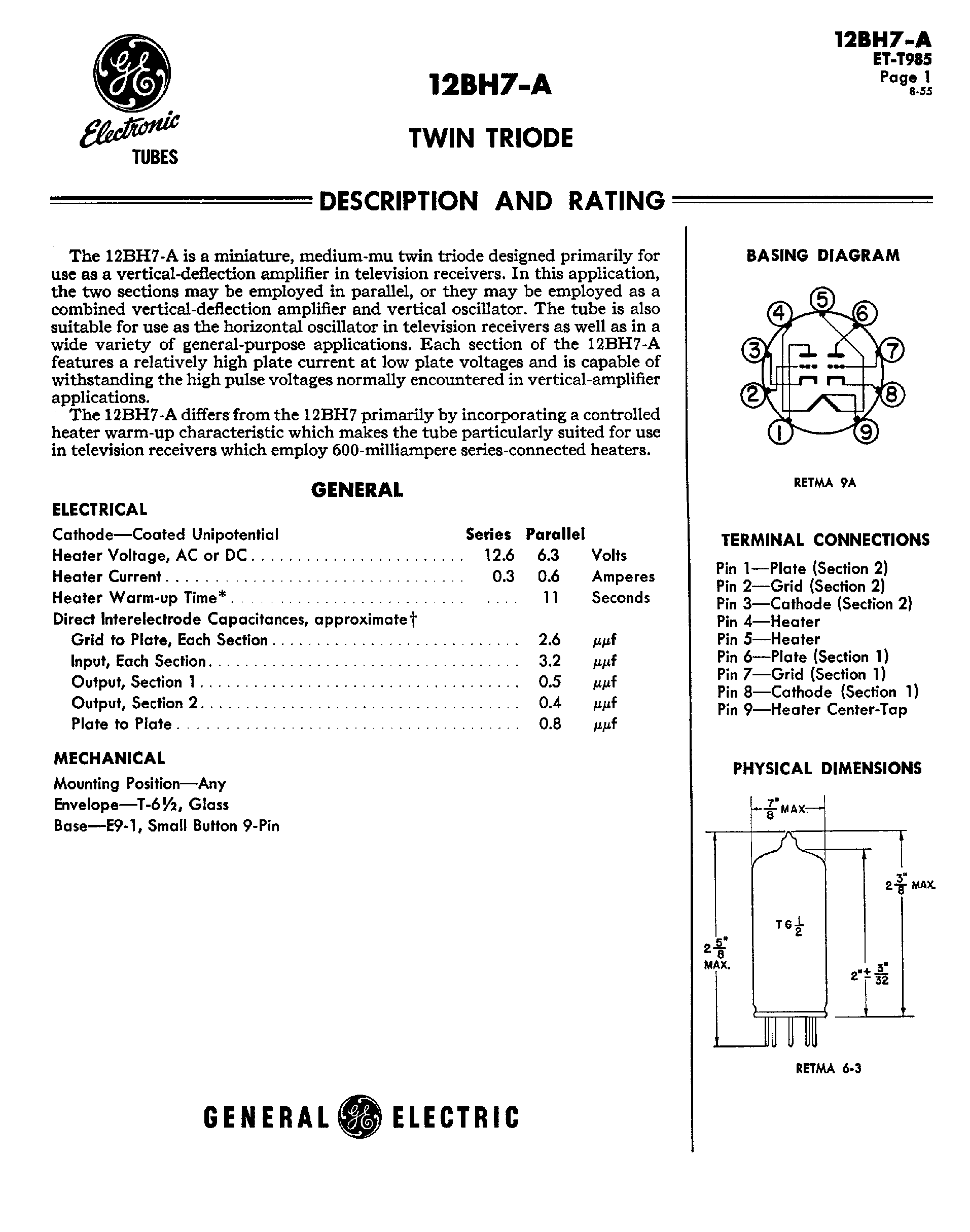 Datasheet 12BH7-A page 1 Datasheet 12BH7-A - miniature medium-mu twin troide designed primarily page 1