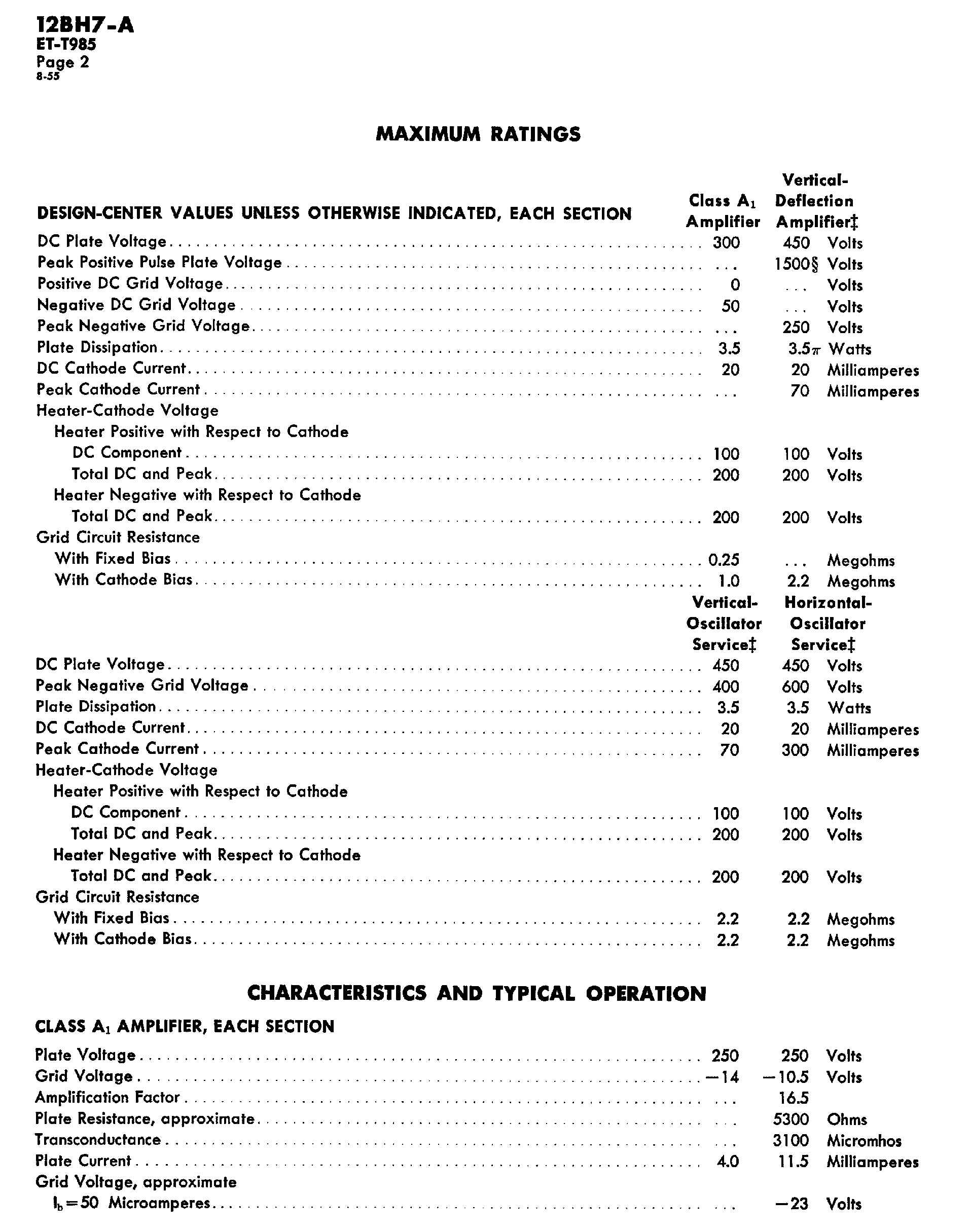 Datasheet 12BH7-A page 2 Datasheet 12BH7-A - miniature medium-mu twin troide designed primarily page 2