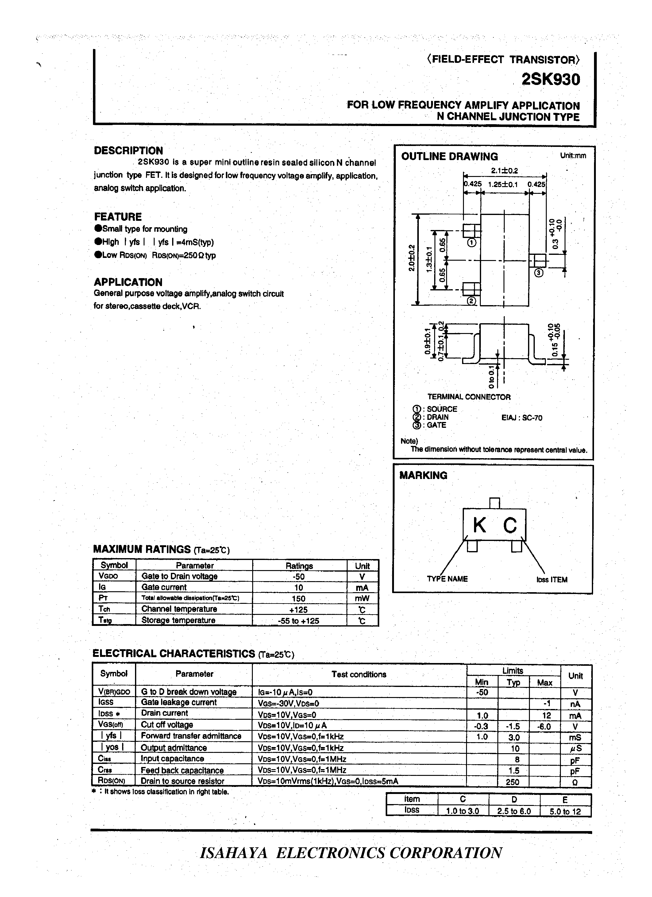 Datasheet 2SK930 - FOR LOW FREQUENCY AMPLIFY APPLICATION N CHANNEL JUNCTION TYPE page 1
