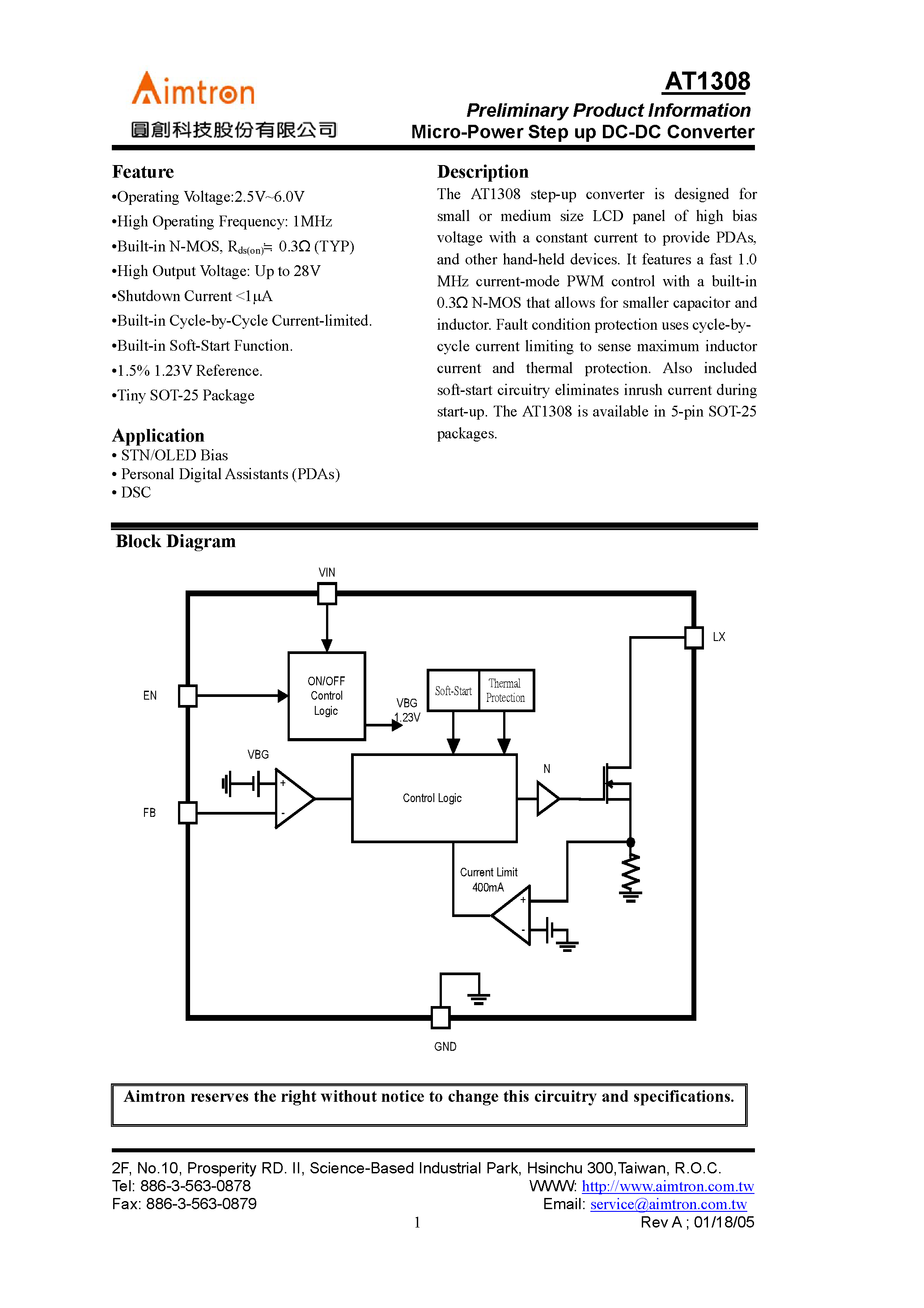 Даташит AT1308 - Preliminary Product Information Micro-Power Step up DC-DC Converter страница 1