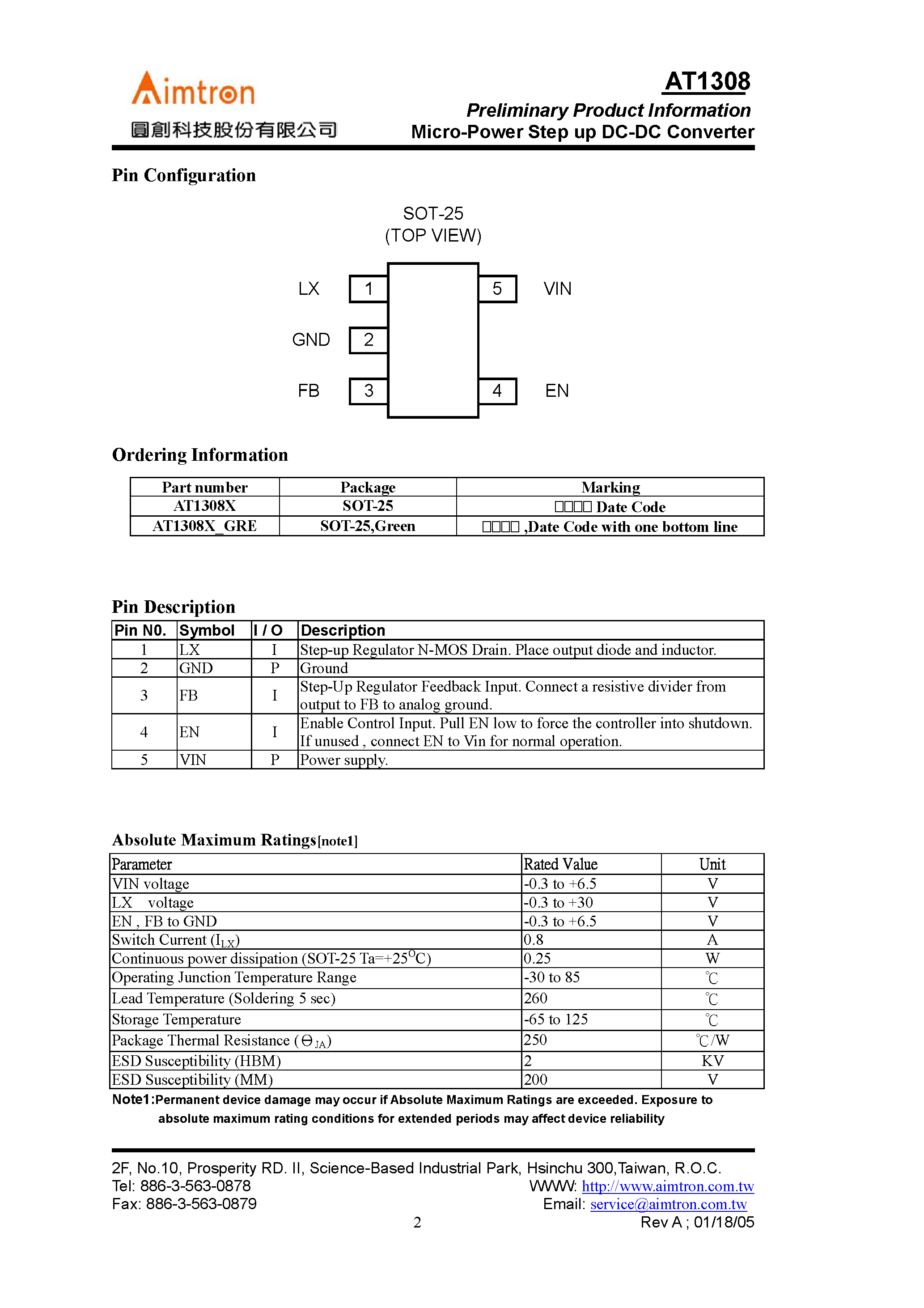 Даташит AT1308 - Preliminary Product Information Micro-Power Step up DC-DC Converter страница 2