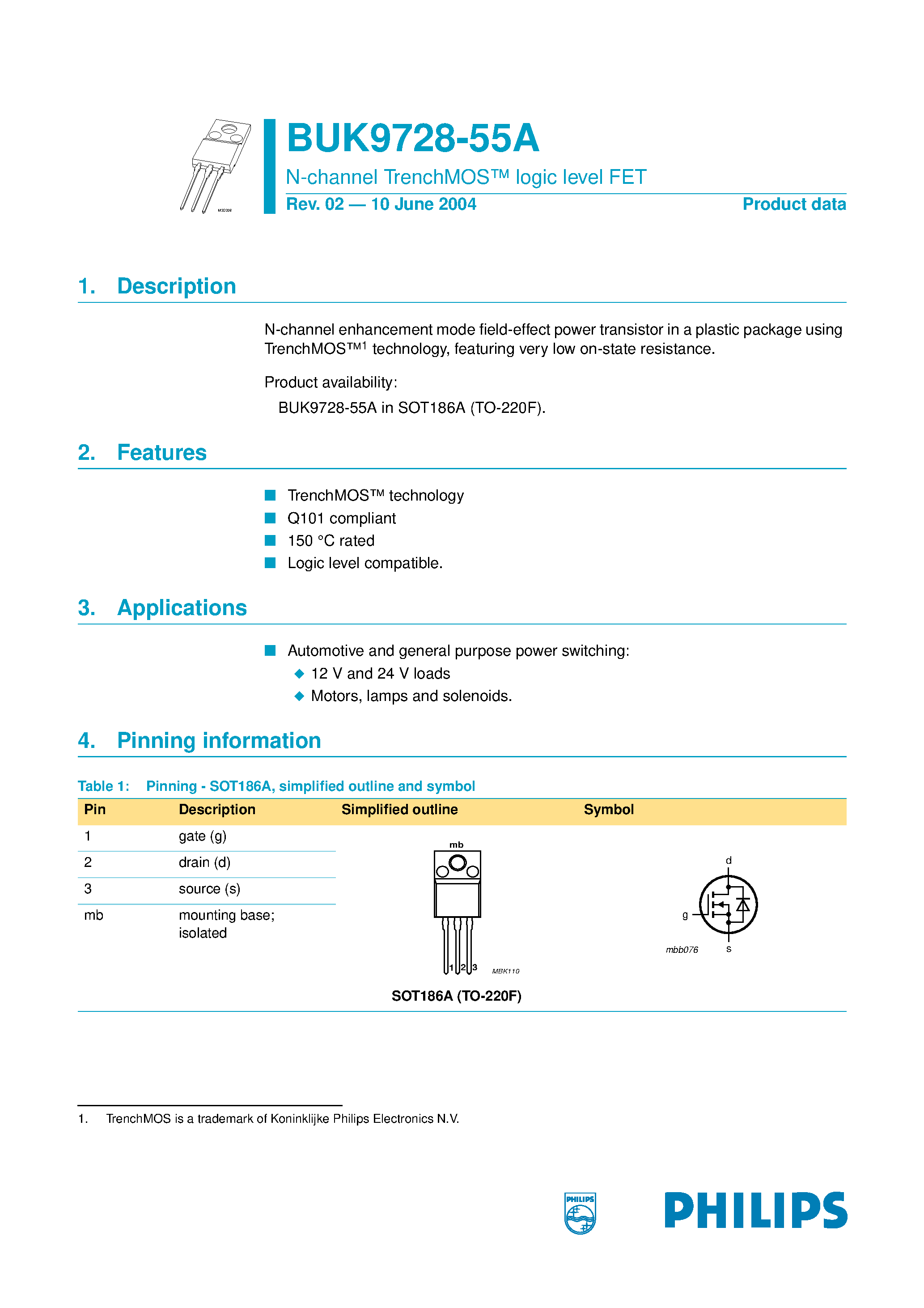 Datasheet BUK9728-55A - N-channel TrenchMOS standard level FET page 1