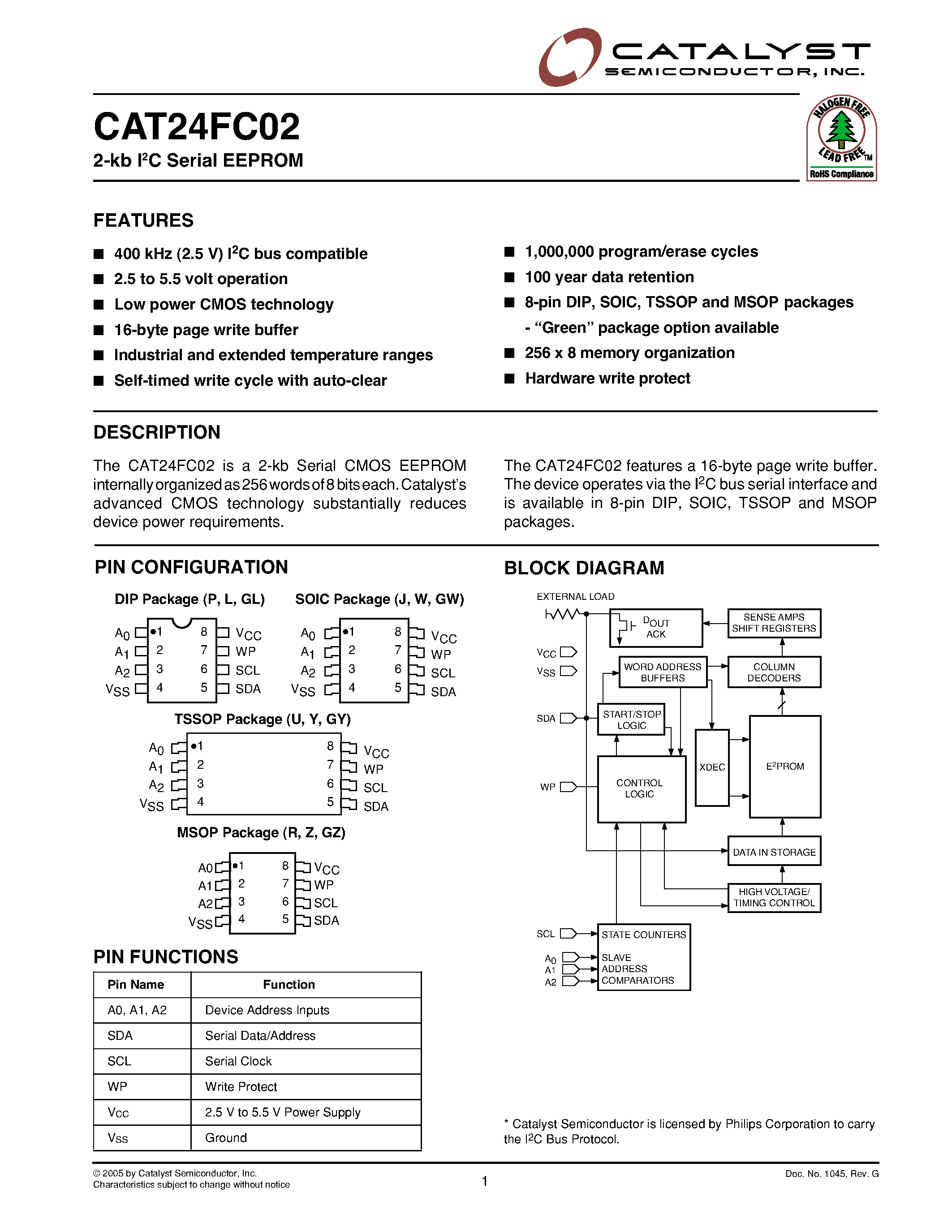 Даташит на микросхему CAT24FC02 страница 1 Даташит CAT24FC02 - 2-kb Serial CMOS EEPROM internally organized as 256 words of 8 bits each страница 1