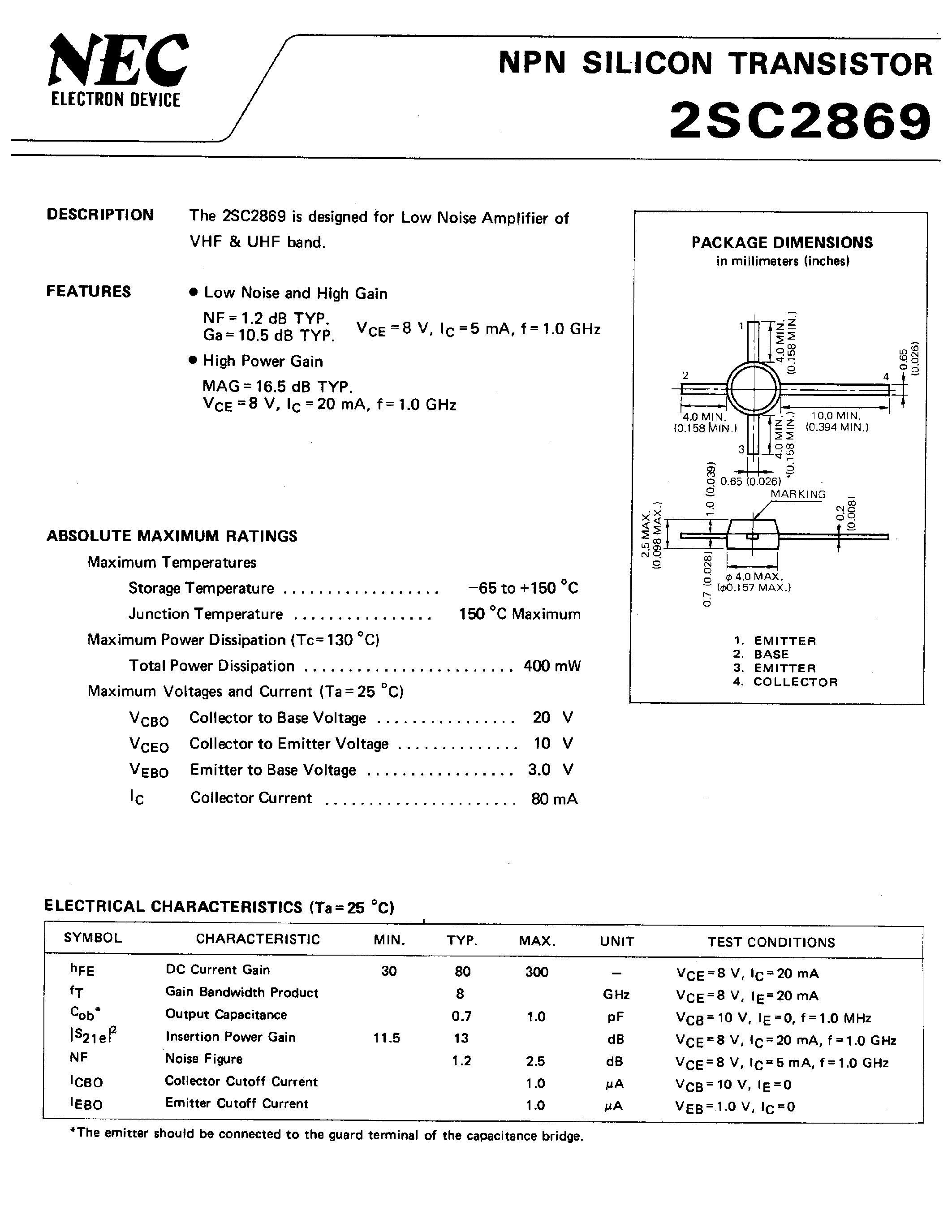 Datasheet 2SC2869 - Low Noise Amplifier of VHF & UHF band page 1