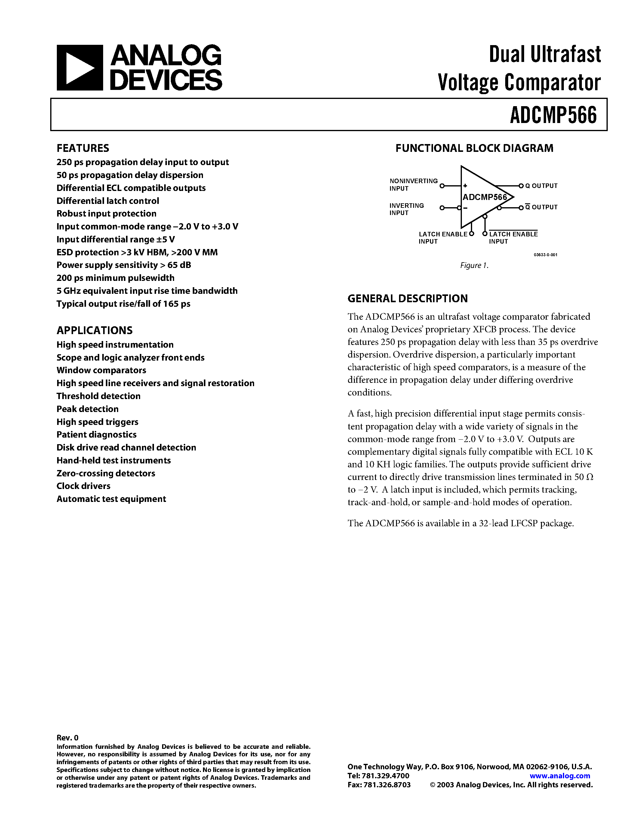Datasheet ADCMP566 - Dual Ultrafast Voltage Comparator page 1