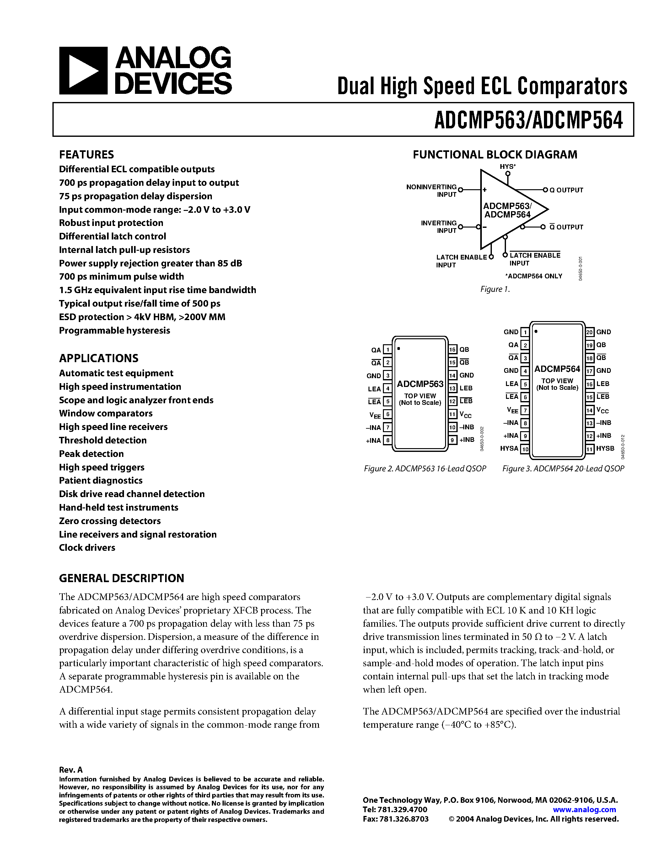 Datasheet ADCMP563 - (ADCMP563 / ADCMP564) Dual High Speed ECL Comparators page 1