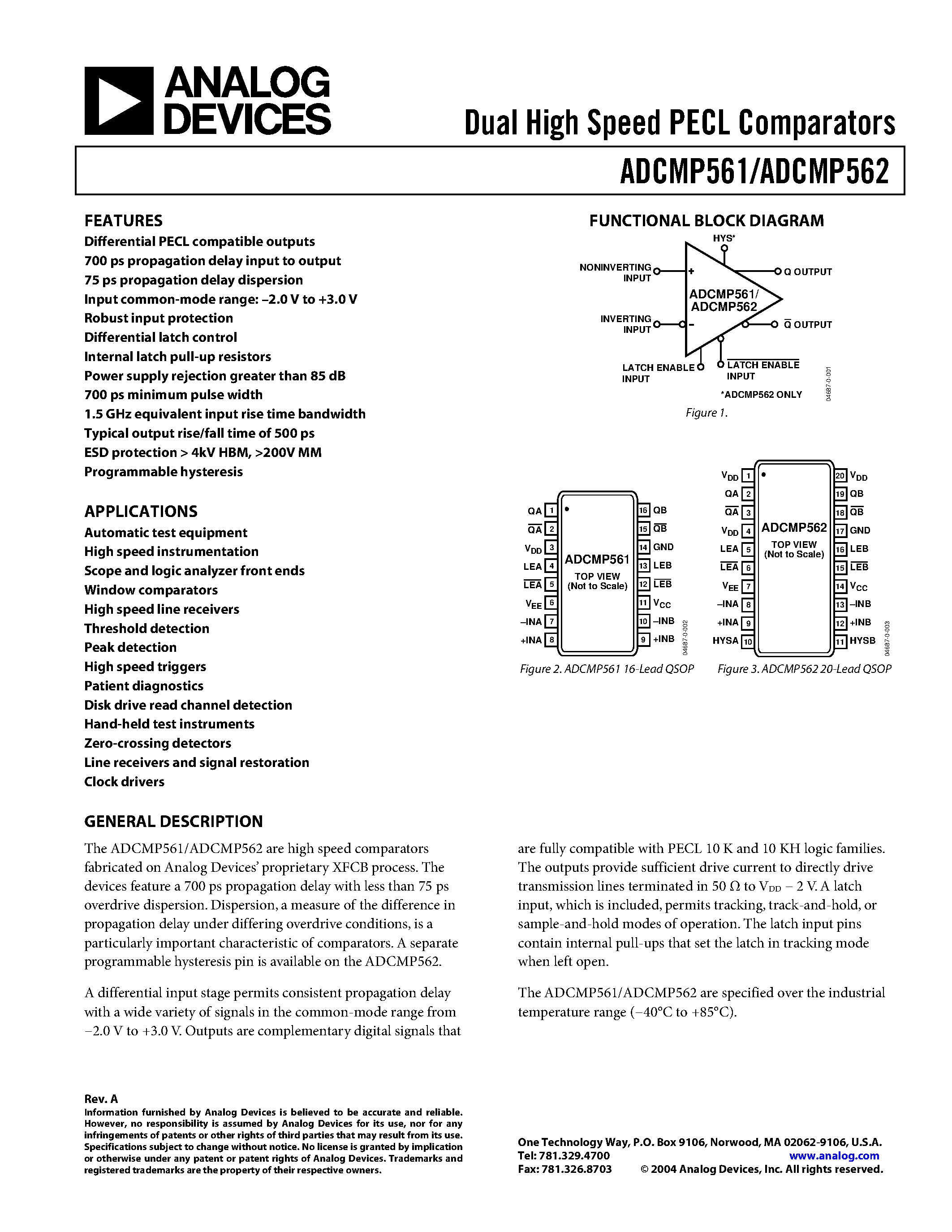 Datasheet ADCMP561 - (ADCMP561 / ADCMP562) Dual High Speed PECL Comparators page 1