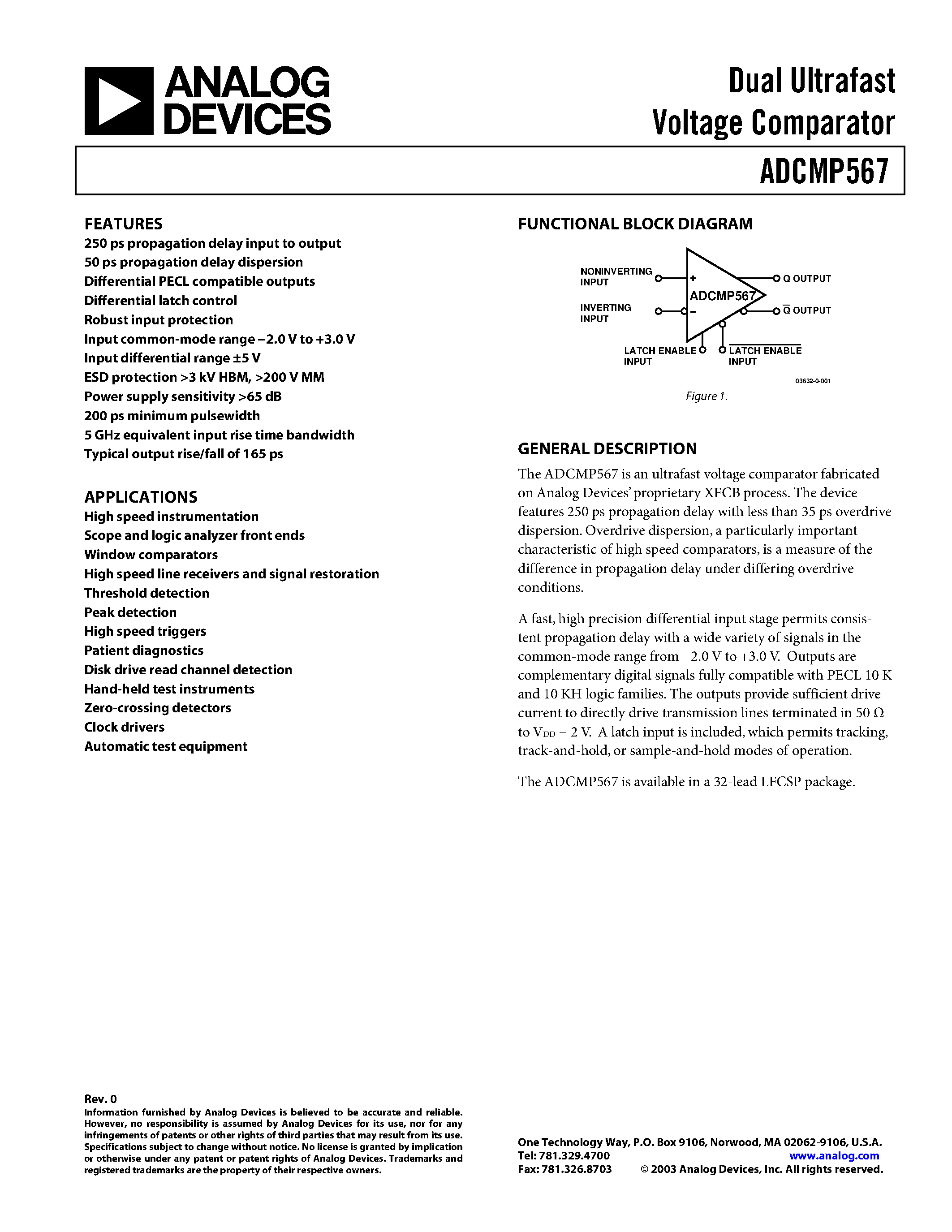 Datasheet ADCMP567 - Dual Ultrafast Voltage Comparator page 1