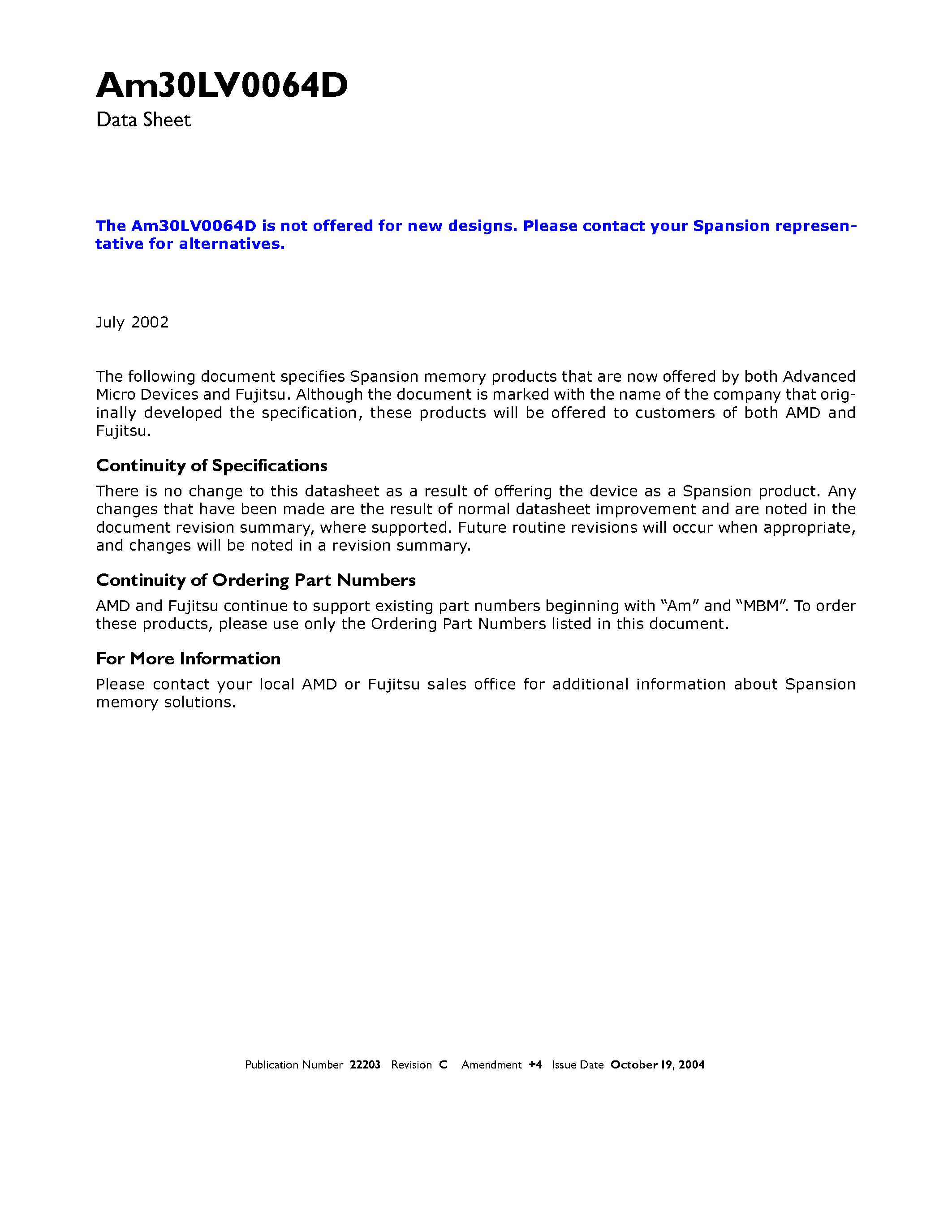 Datasheet AM30LV0064D - 64 Megabit (8 M x 8-Bit) CMOS 3.0 Volt-only Flash Memory with UltraNAND Technology page 1