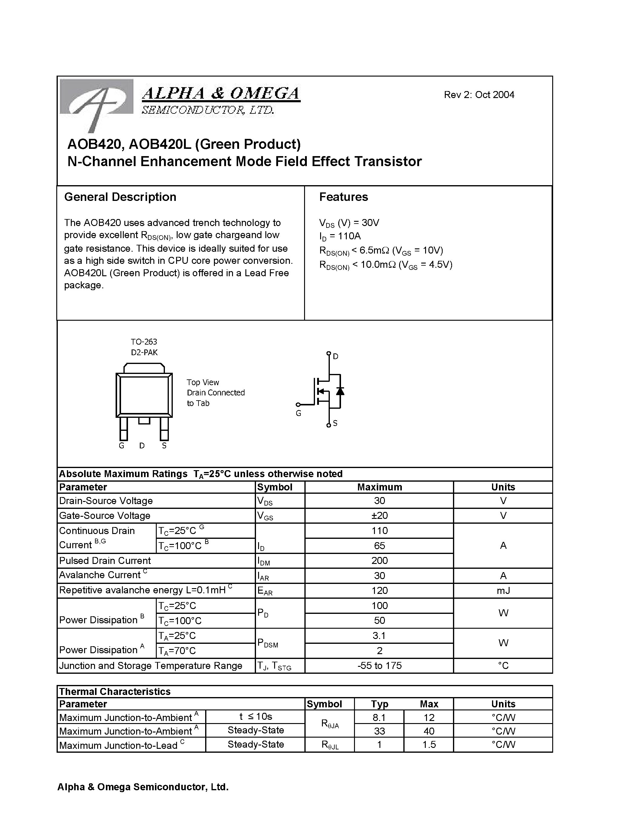 Datasheet AOB420 - N-Channel Enhancement Mode Field Effect Transistor page 1