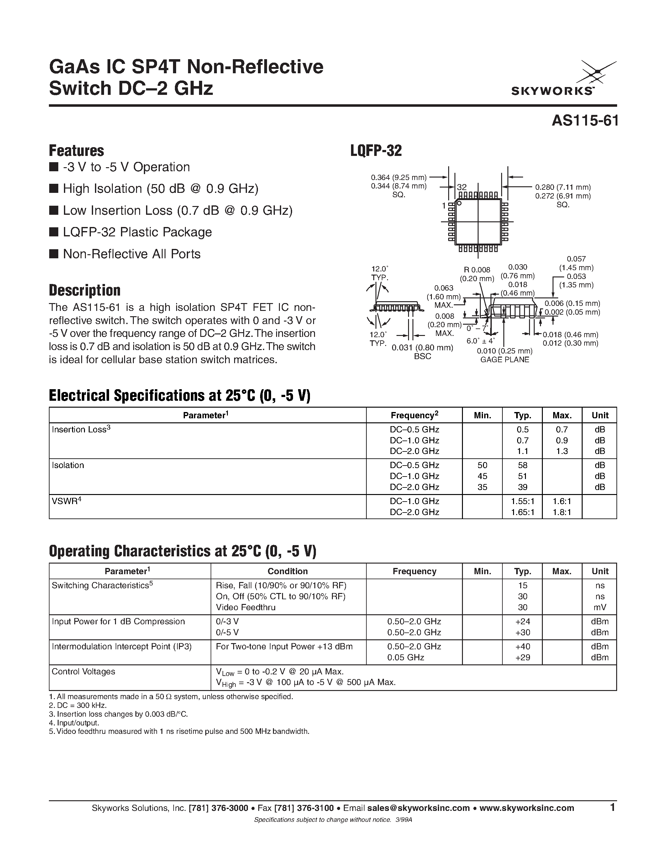 Даташит на микросхему AS115-61 страница 1 Даташит AS115-61 - GaAs IC SP4T Non-Reflective Switch DC 2 GHz страница 1