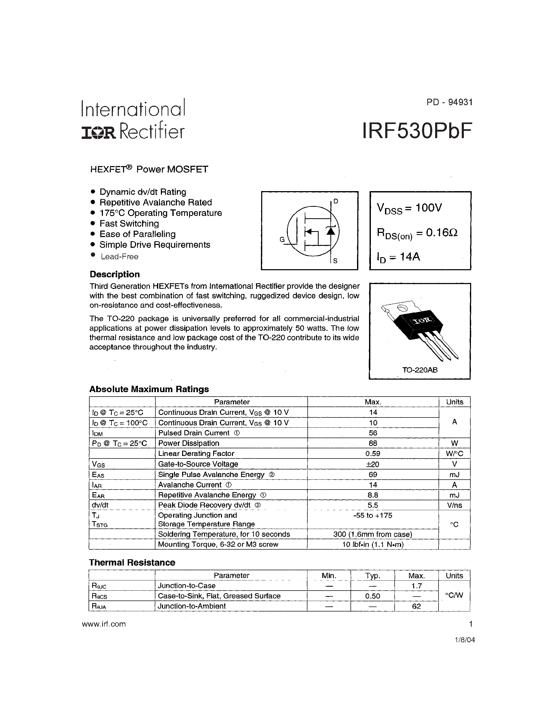 Datasheet IRF530PBF page 1 Datasheet IRF530PBF - Dynamic dv/dt Rating / Fast Switching / Ease of Paralleling / Simple Drive Requirements page 1
