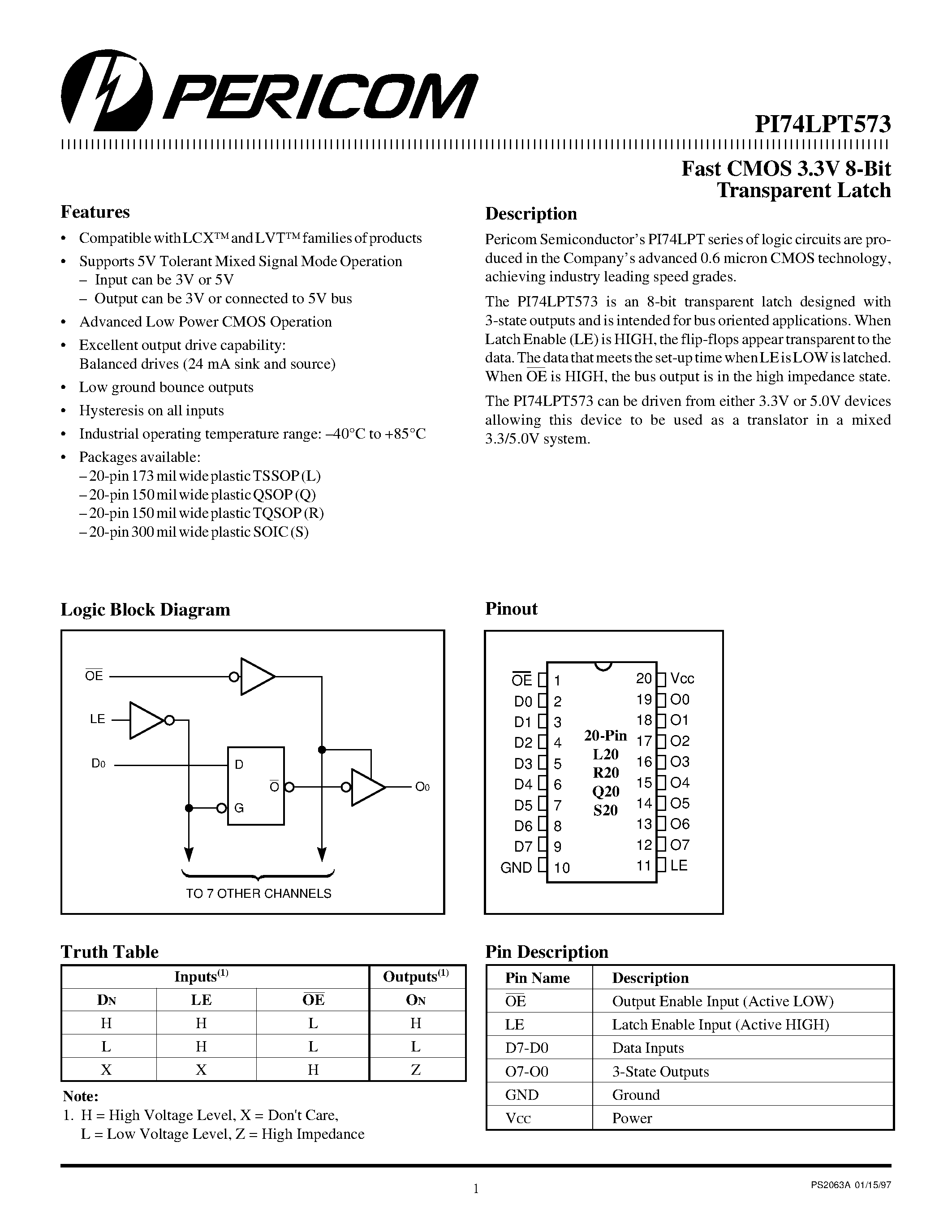 Datasheet PI74LPT573 - Fast CMOS 3.3V 8-Bit Transparent Latch page 1
