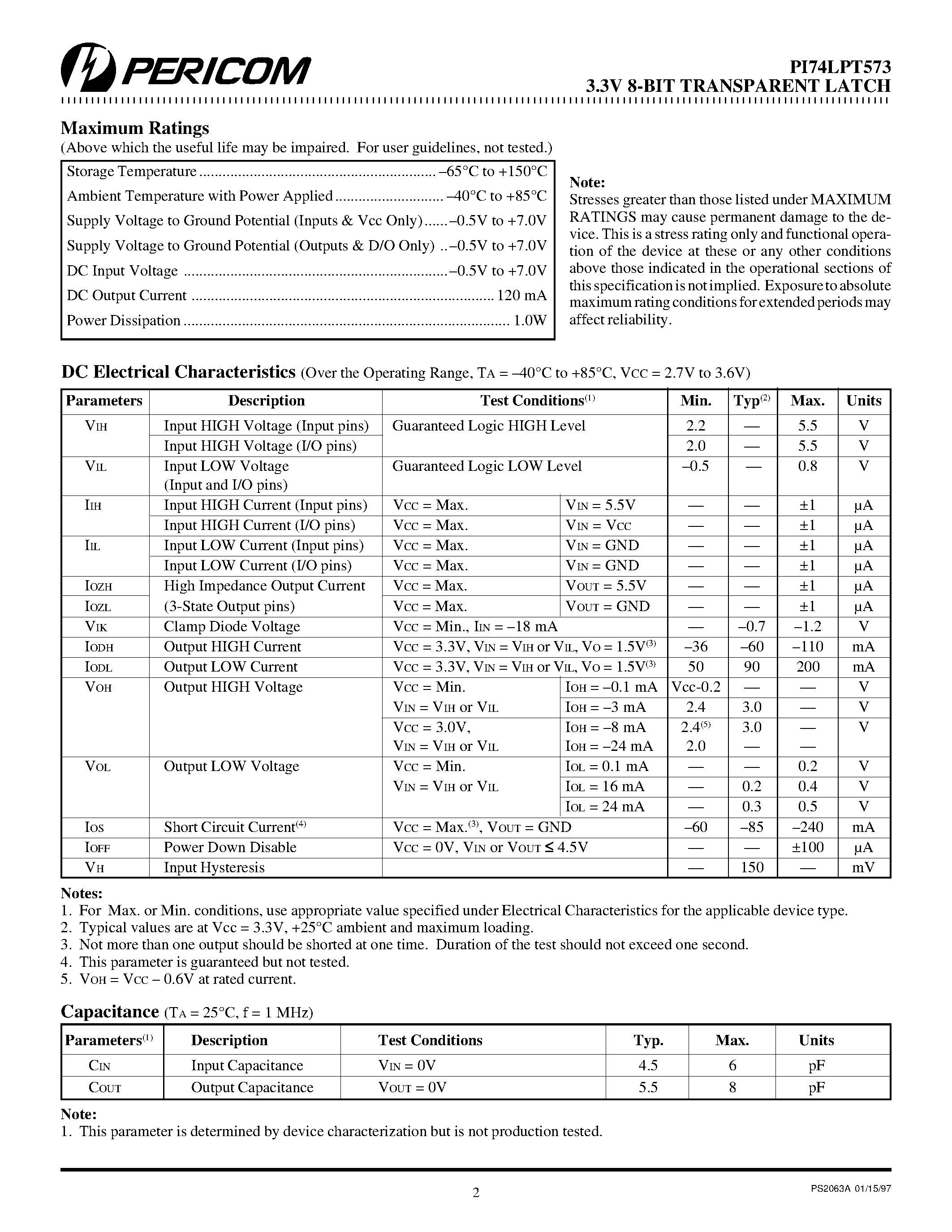 Datasheet PI74LPT573 - Fast CMOS 3.3V 8-Bit Transparent Latch page 2