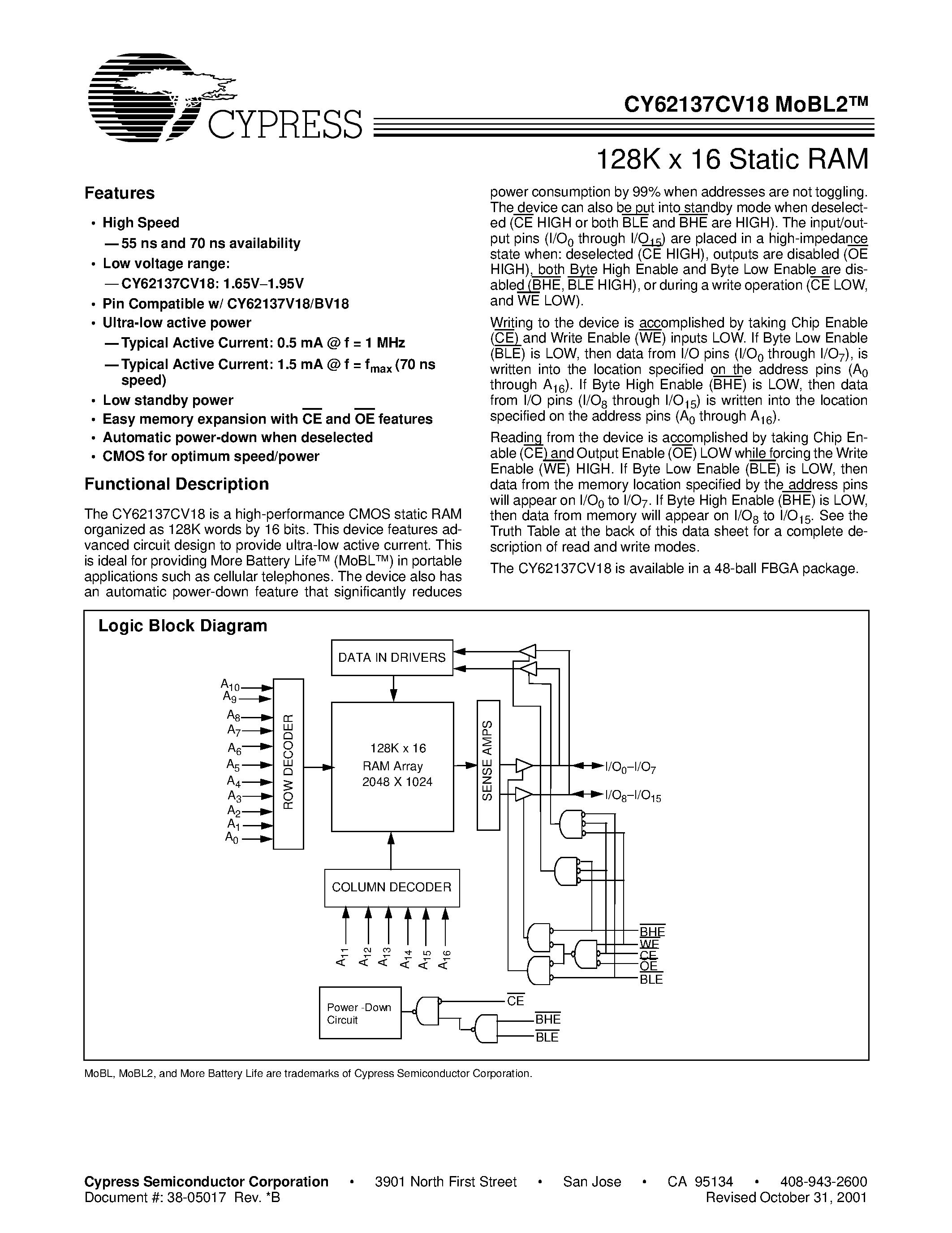 Даташит CY62137CV18 - 128K x 16 Static RAM страница 1
