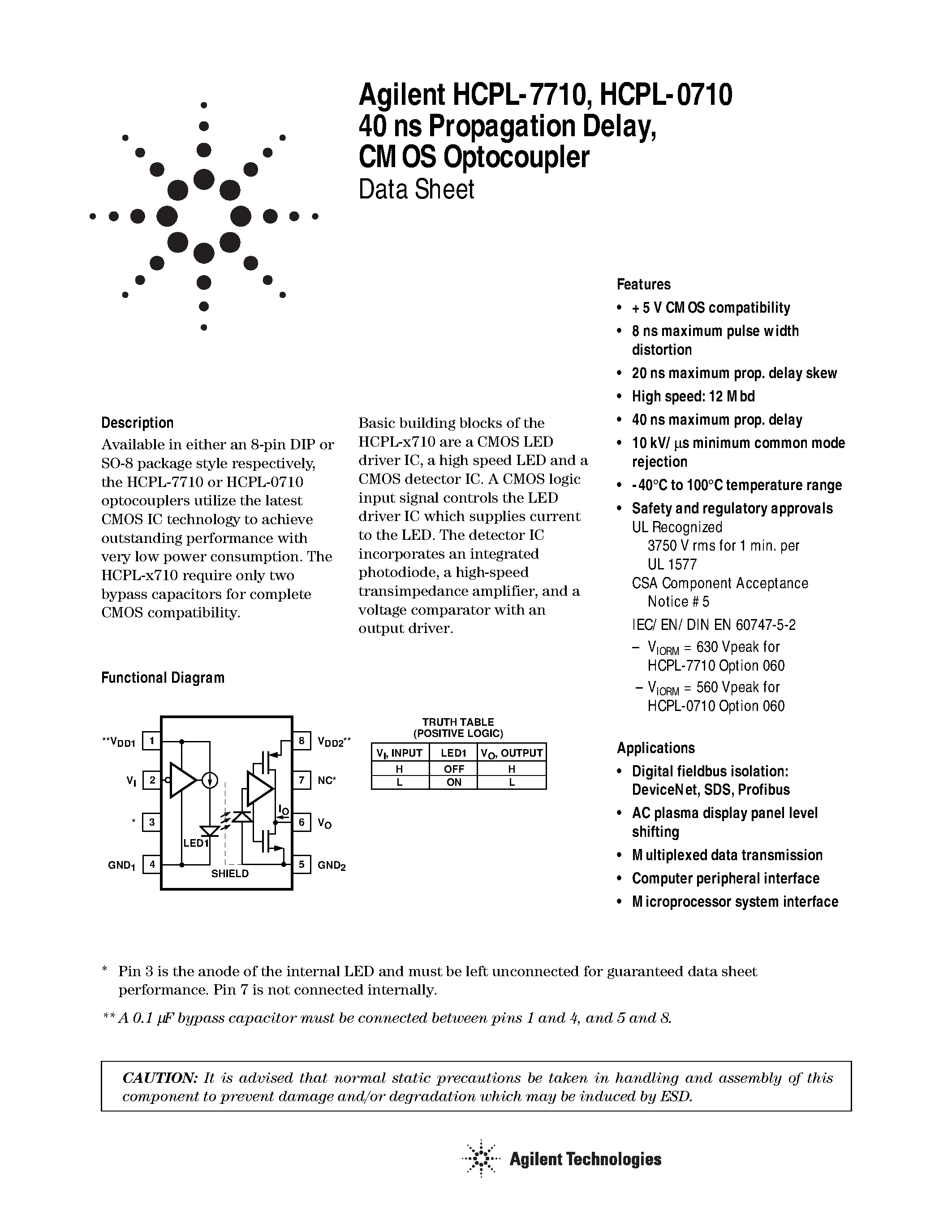 Даташит HCPL-7710 - 40 ns Propagation Delay / CMOS Optocoupler страница 1