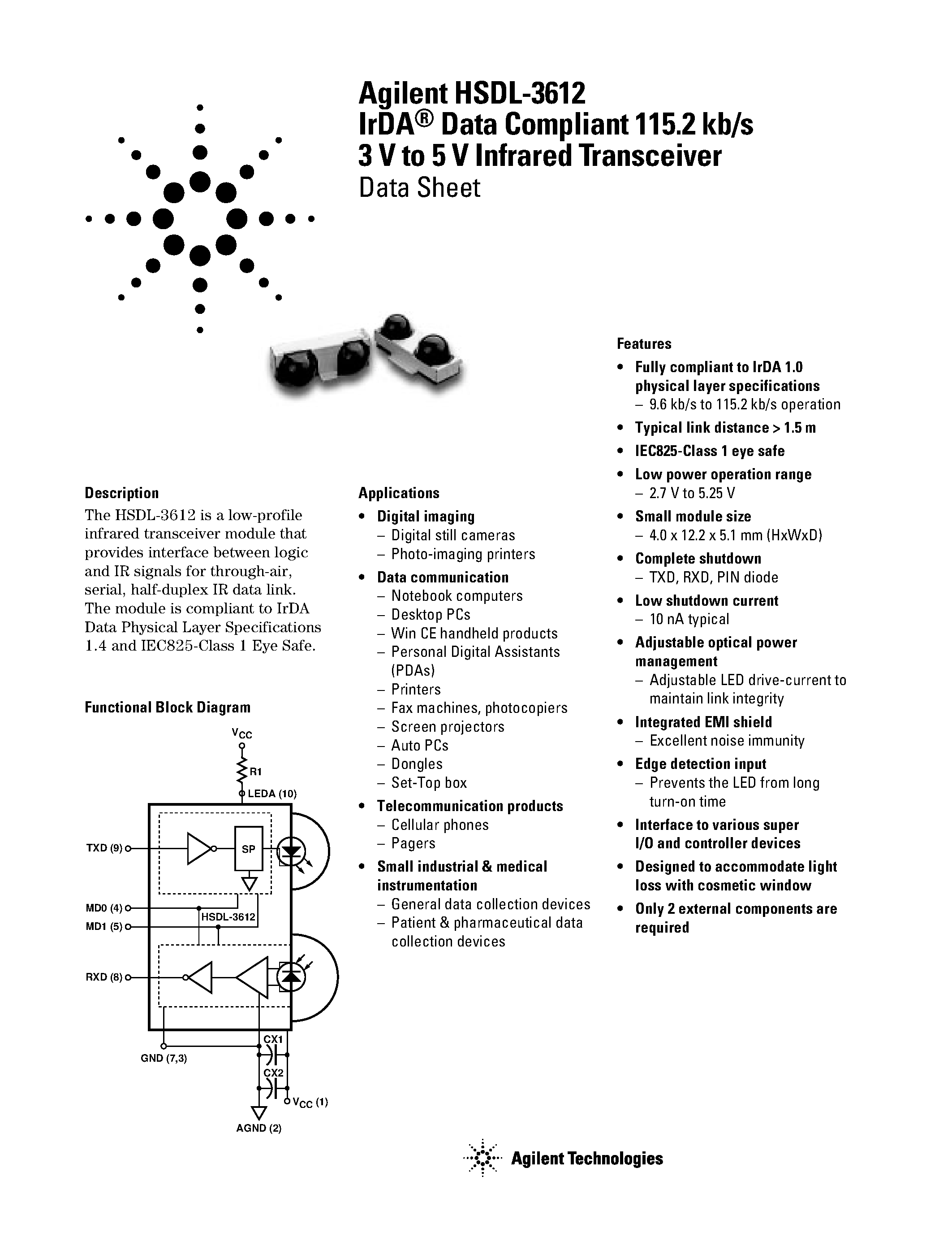 Datasheet HSDL-3612 - IrDA Data Compliant 115.2kb/s 3V to 5V Infrared Transceiver page 1