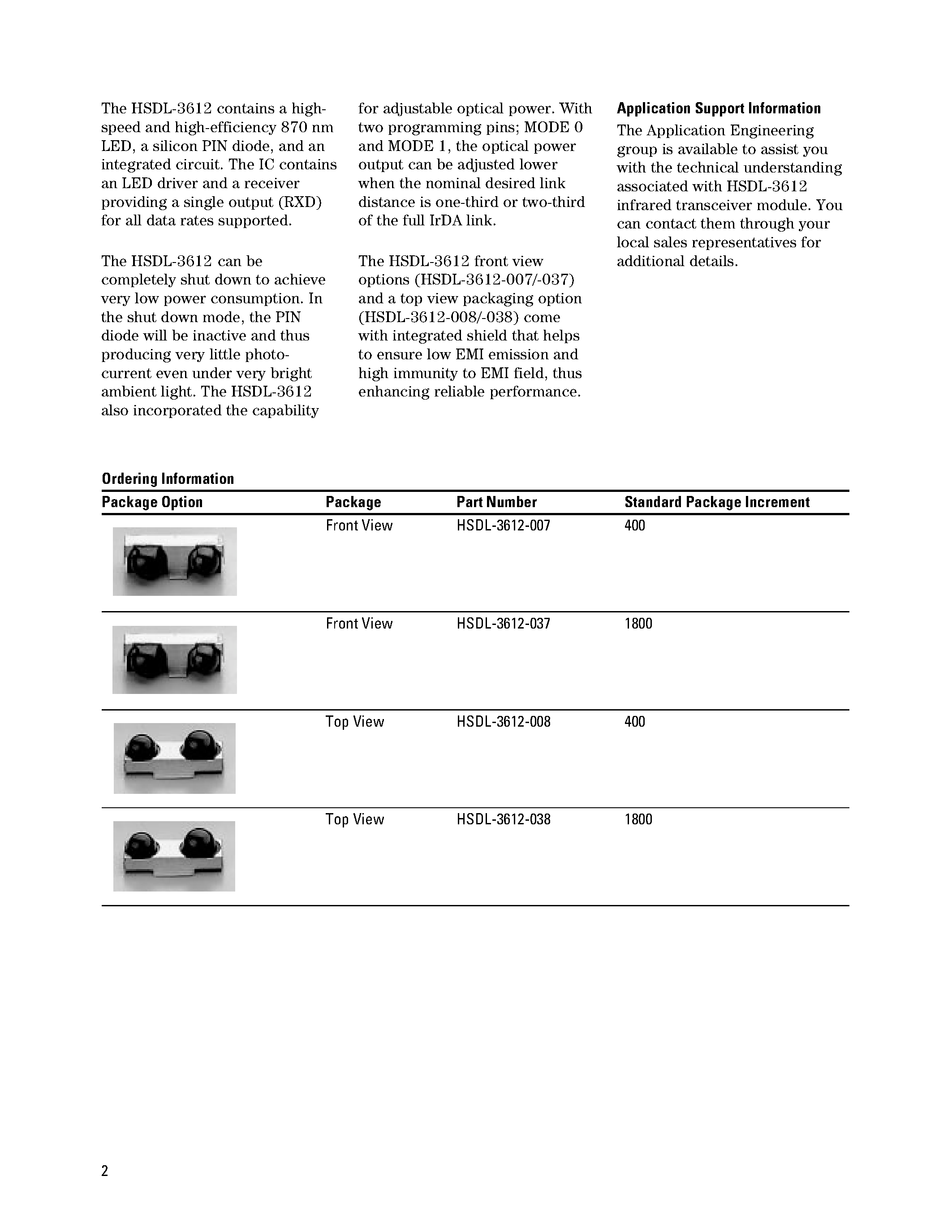 Datasheet HSDL-3612 - IrDA Data Compliant 115.2kb/s 3V to 5V Infrared Transceiver page 2