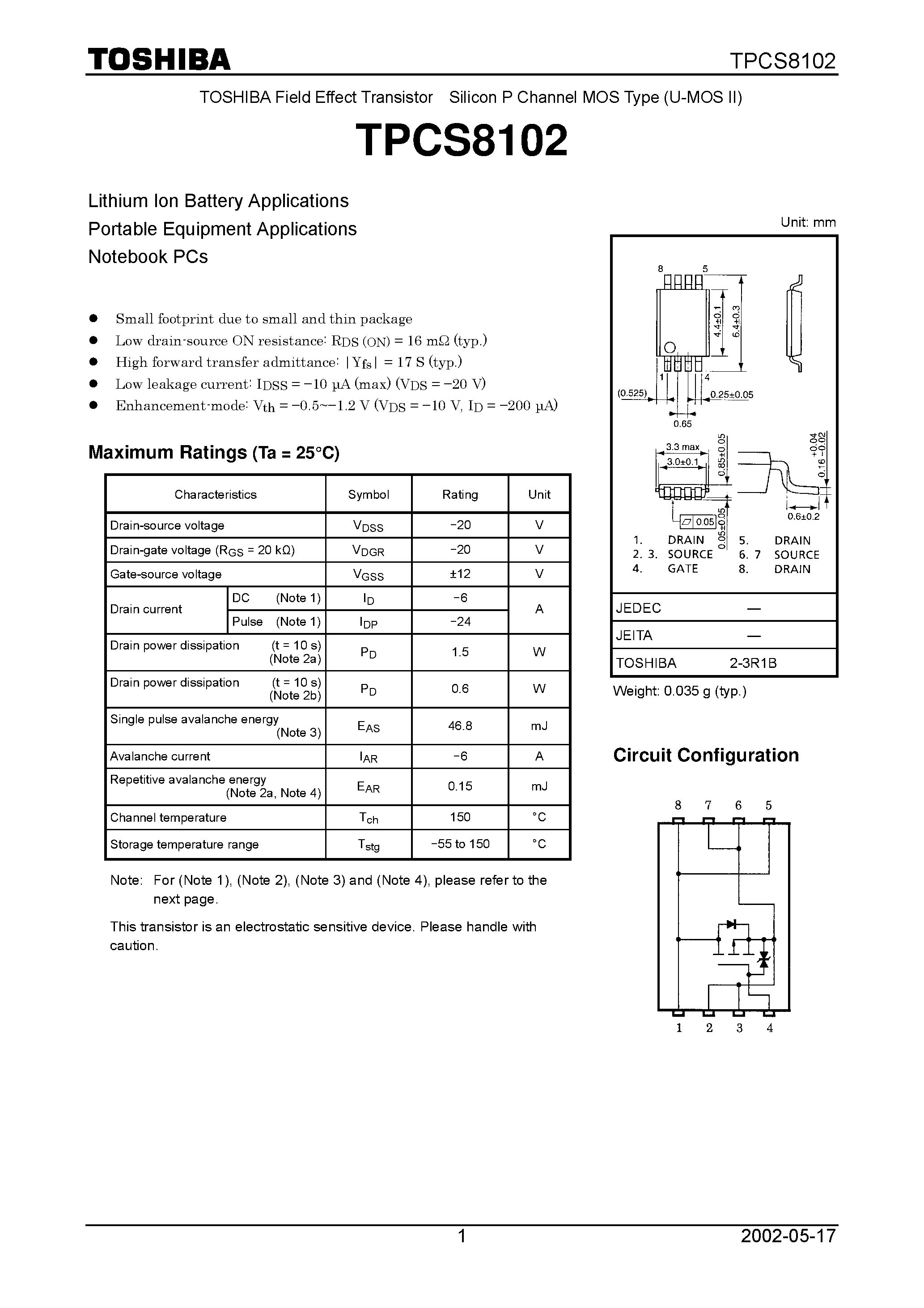 Datasheet TPCS8102 - Lithium Ion Battery Applications Portable Equipment Applications Notebook PCs page 1