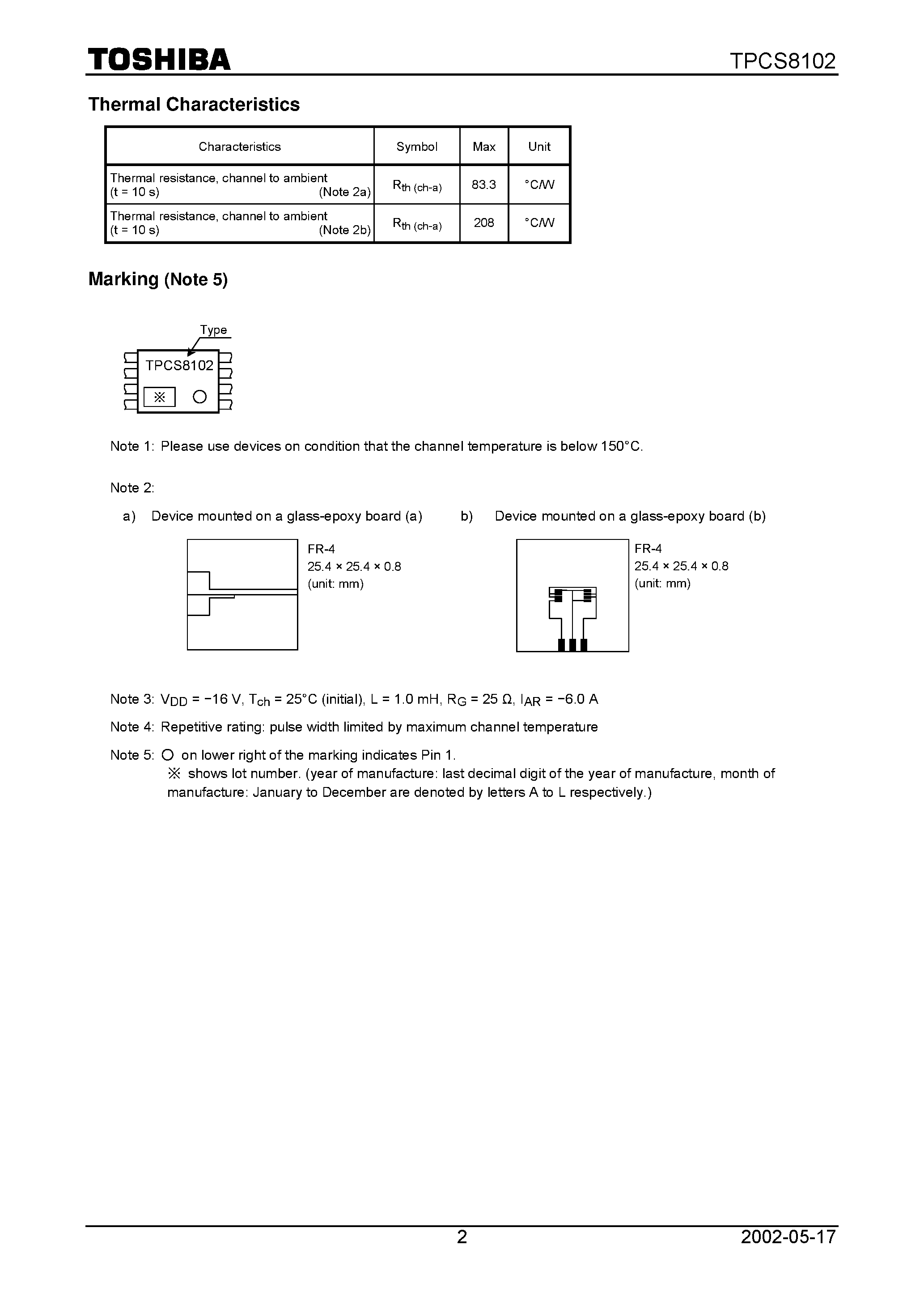Datasheet TPCS8102 - Lithium Ion Battery Applications Portable Equipment Applications Notebook PCs page 2