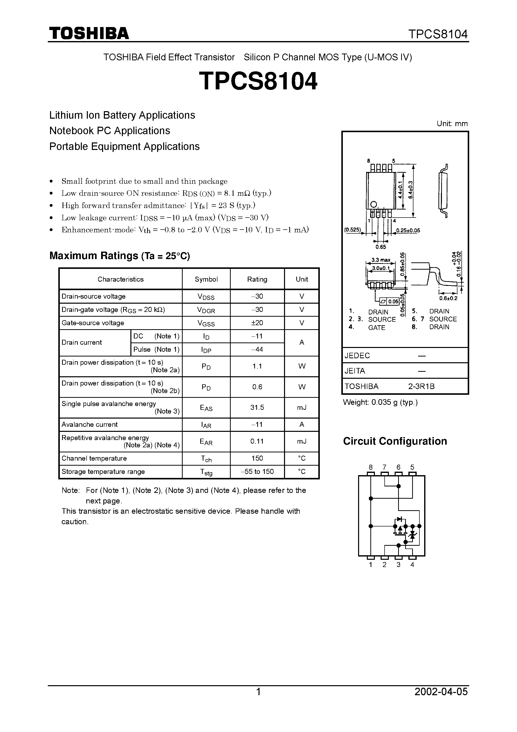 Datasheet TPCS8104 - Field Effect Transistor Silicon P Channel MOS Type page 1