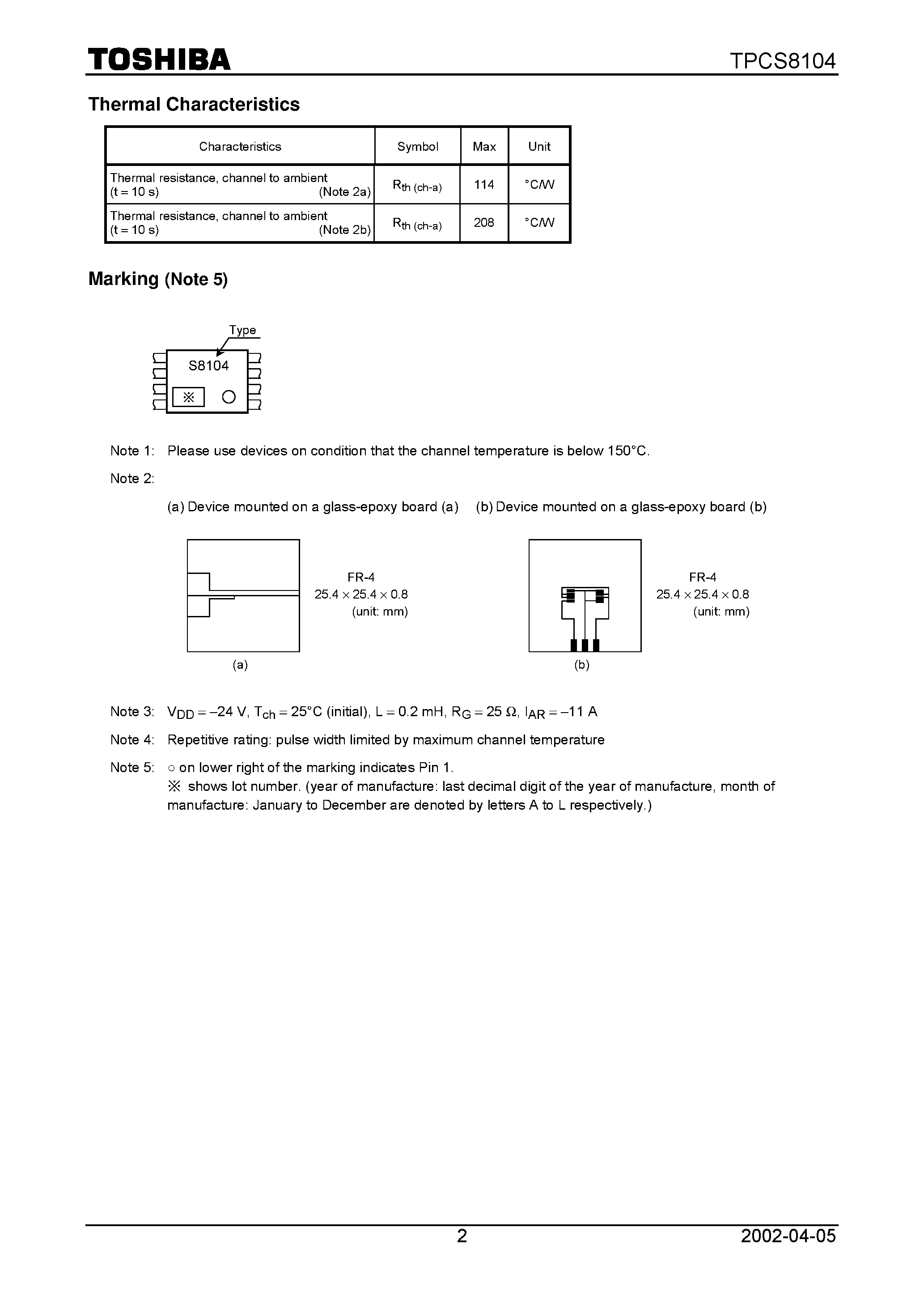 Datasheet TPCS8104 - Field Effect Transistor Silicon P Channel MOS Type page 2