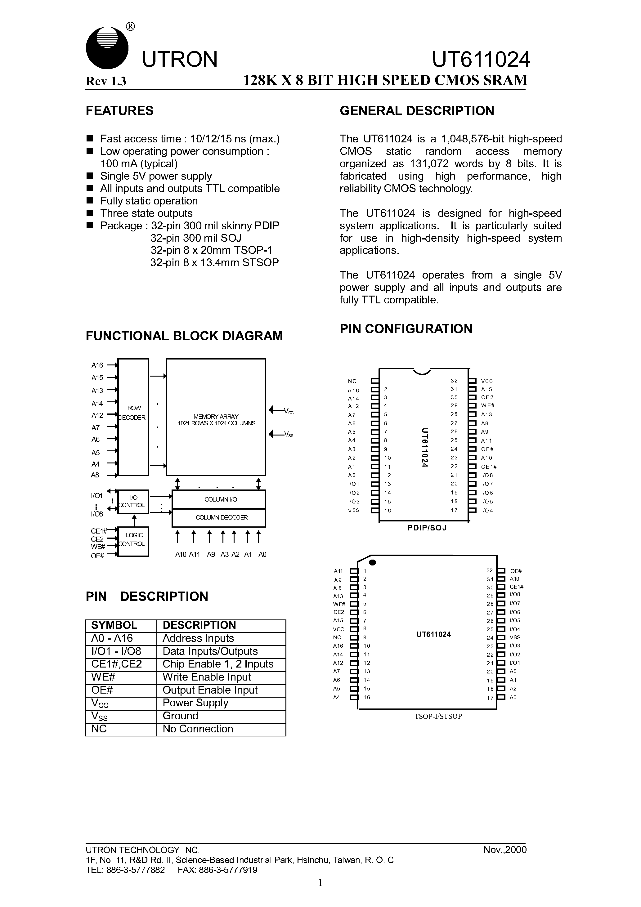 Даташит UT611024 - 128K X 8BIT HIGH SPEED CMOS SRAM страница 1