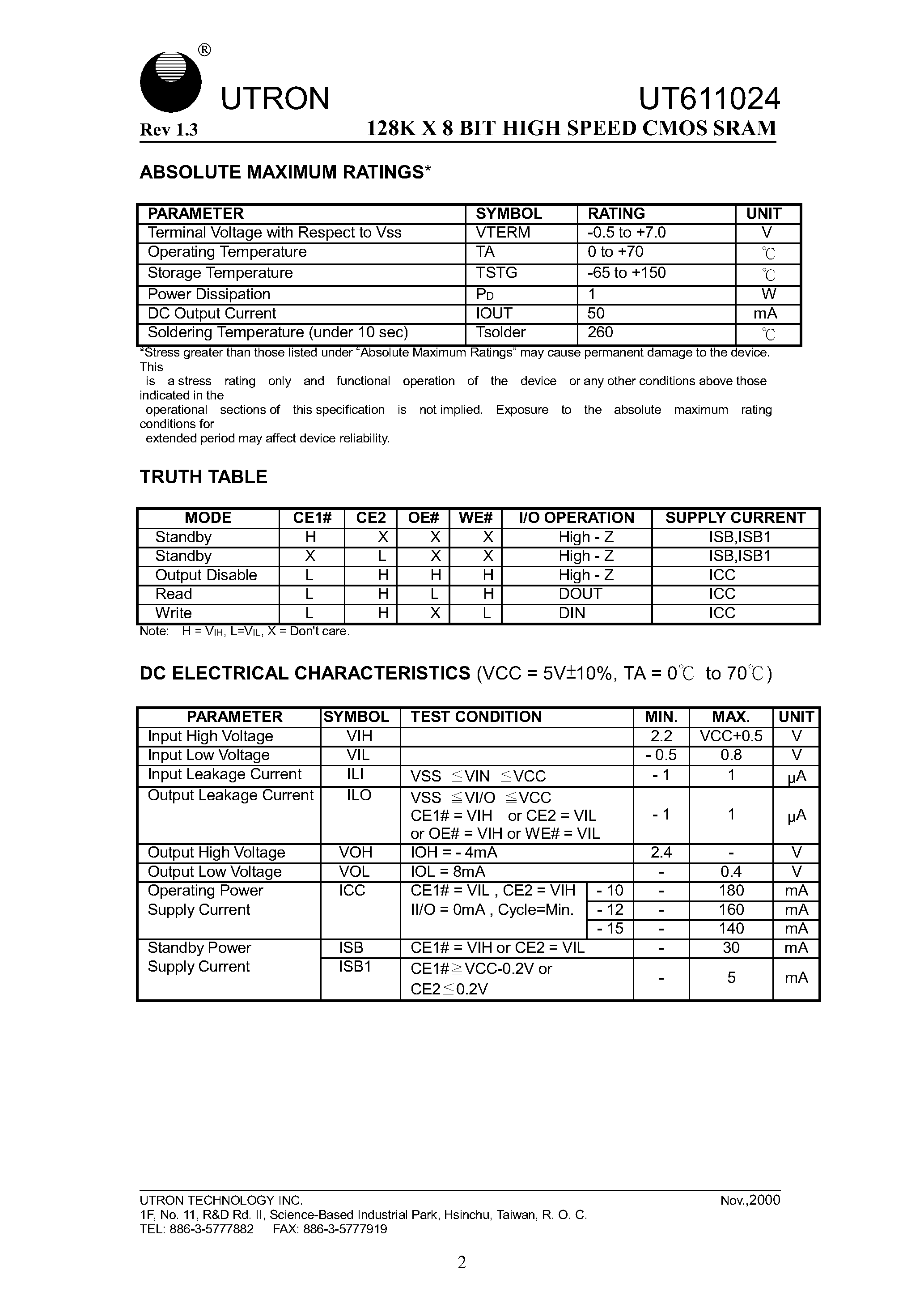 Даташит UT611024 - 128K X 8BIT HIGH SPEED CMOS SRAM страница 2
