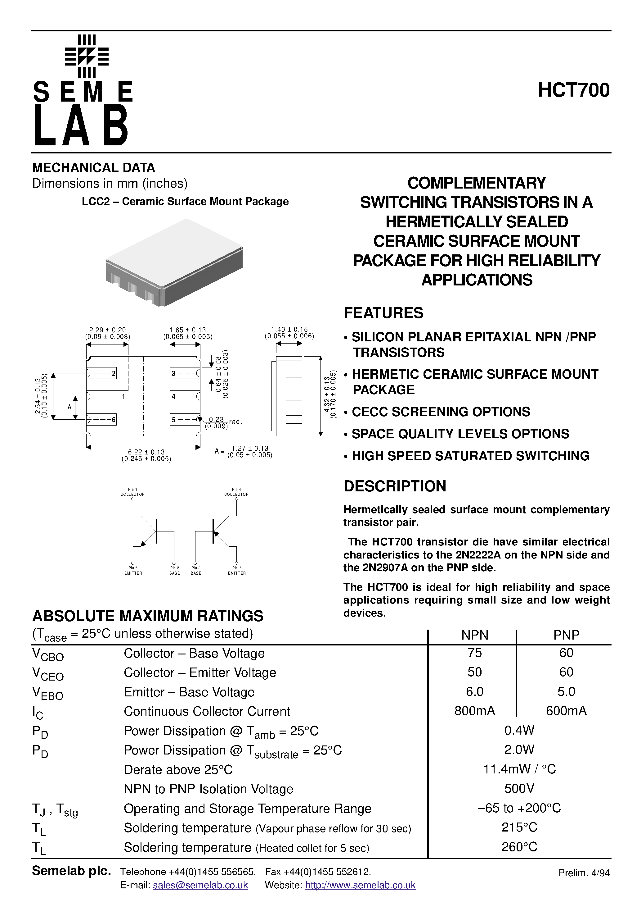 Даташит на микросхему HCT700 страница 1 Даташит HCT700 - COMPLEMENTARY SWITCHING TRANSISTORS страница 1