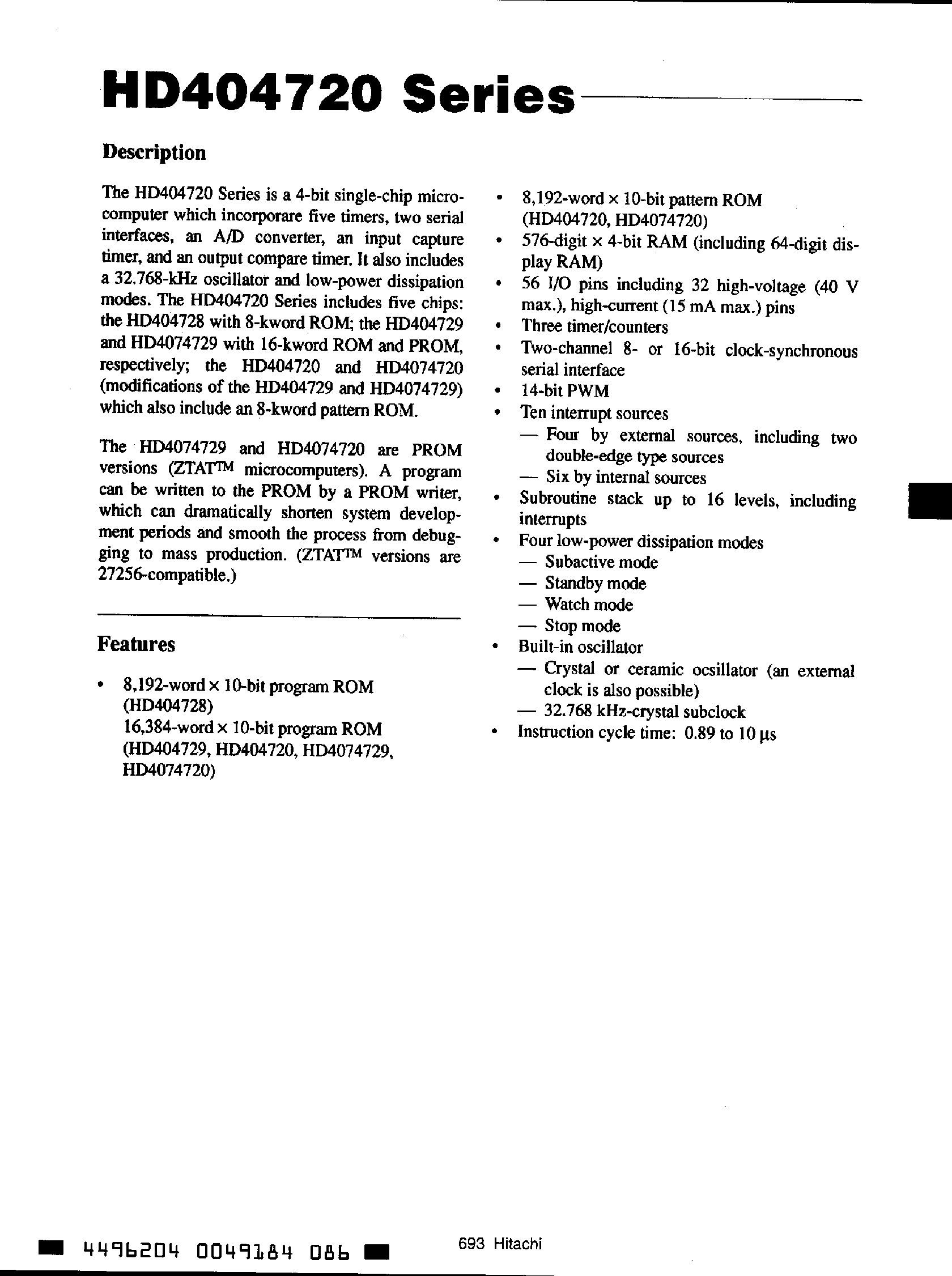 Datasheet HD40472x page 1 Datasheet HD40472x - 4-BIT SINGLE-CHIP MICROCOMPUTER page 1