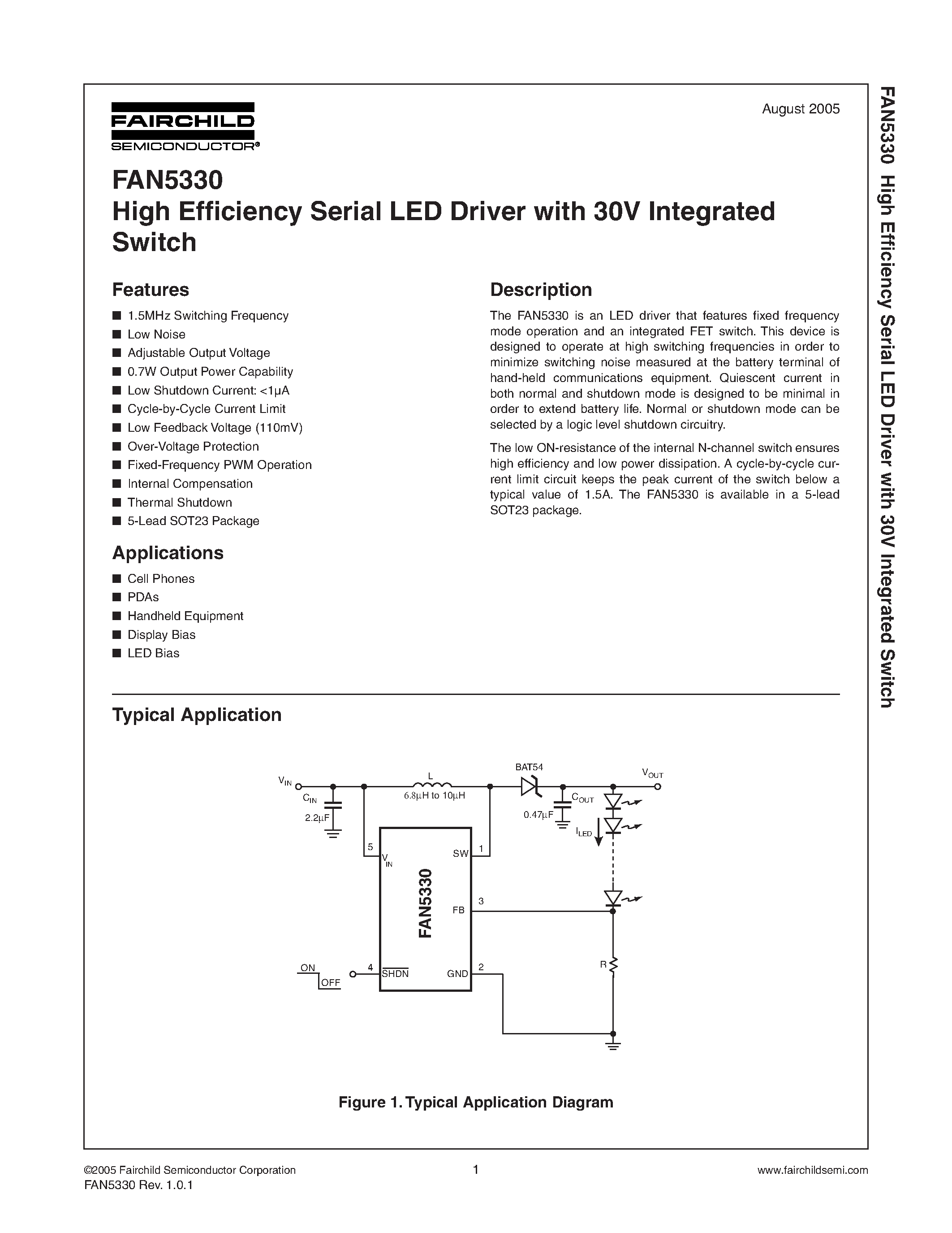 Datasheet FAN5330 page 1 Datasheet FAN5330 - High Efficiency Serial LED Driver with 30V Integrated Switch page 1