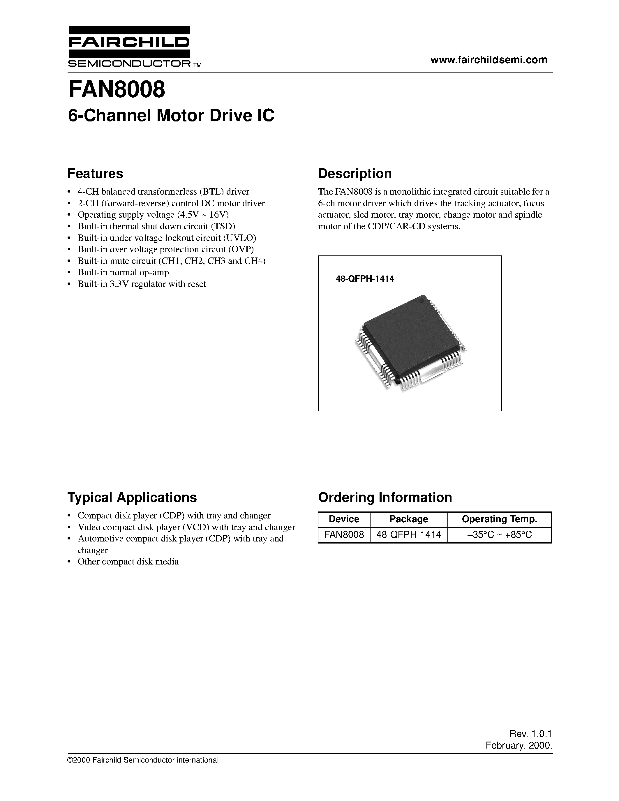 Datasheet FAN8008 page 1 Datasheet FAN8008 - 6-Channel Motor Drive IC page 1