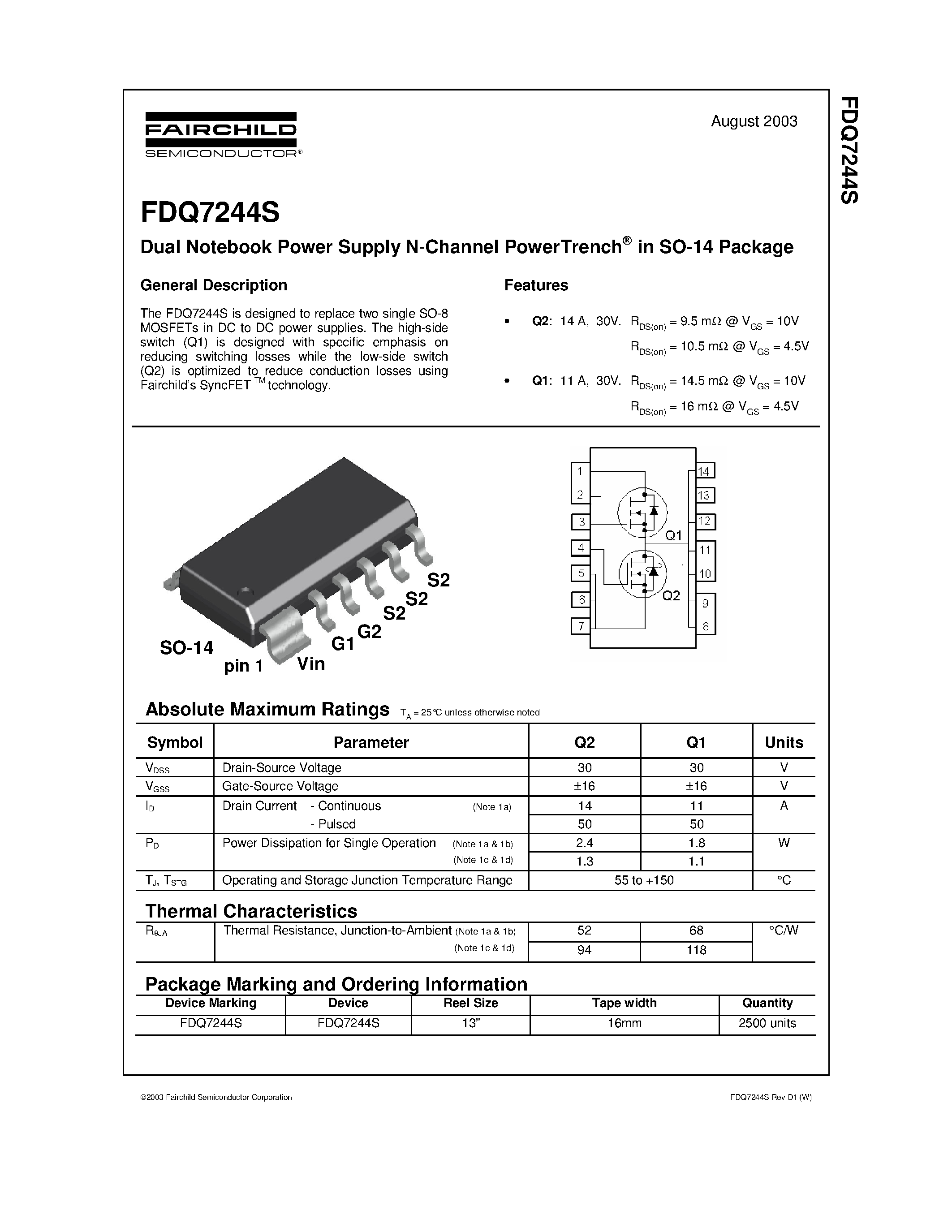 Datasheet FDQ7244S - Dual Notebook Power Supply N-Channel PowerTrench in SO-14 Package page 1