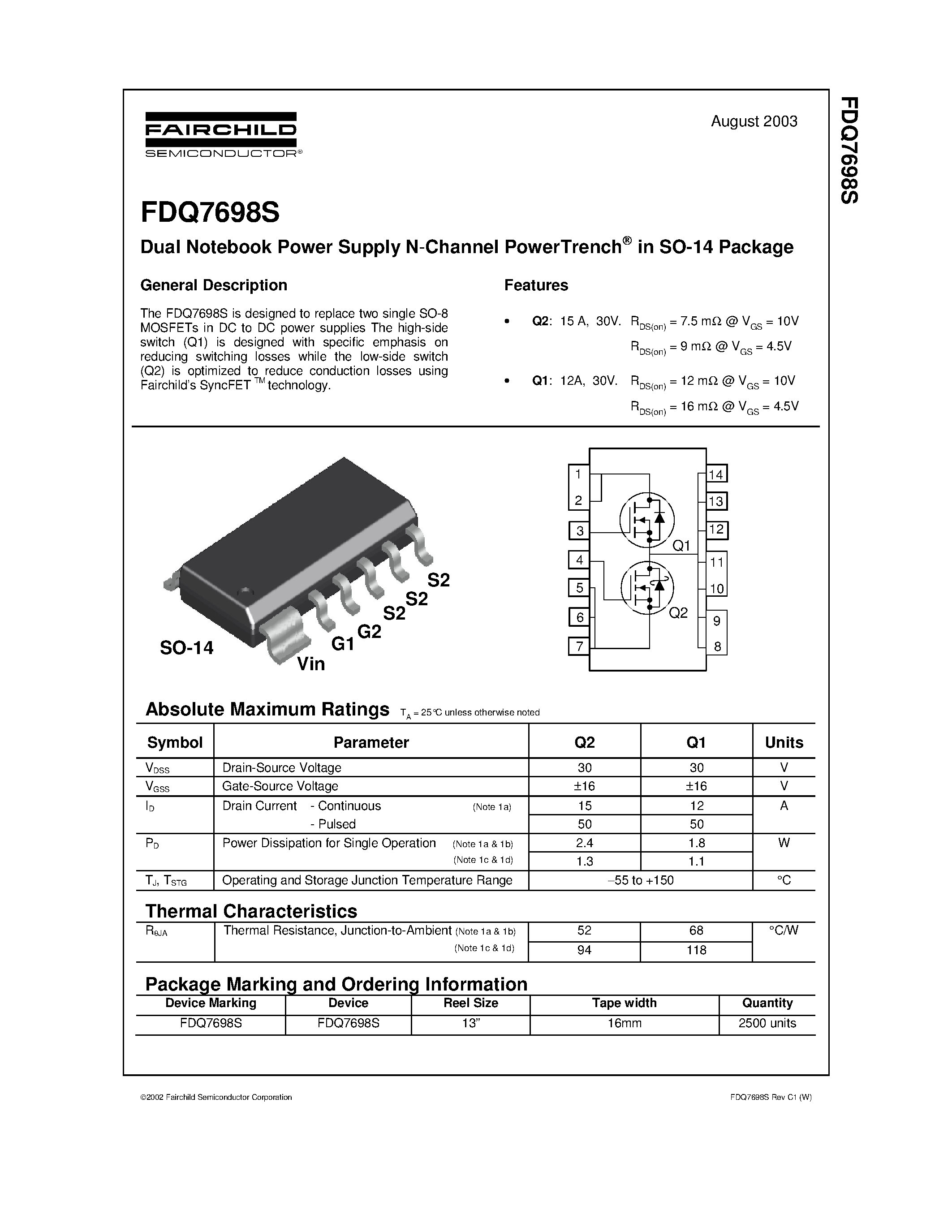 Datasheet FDQ7698S - Dual Notebook Power Supply N-Channel PowerTrench page 1