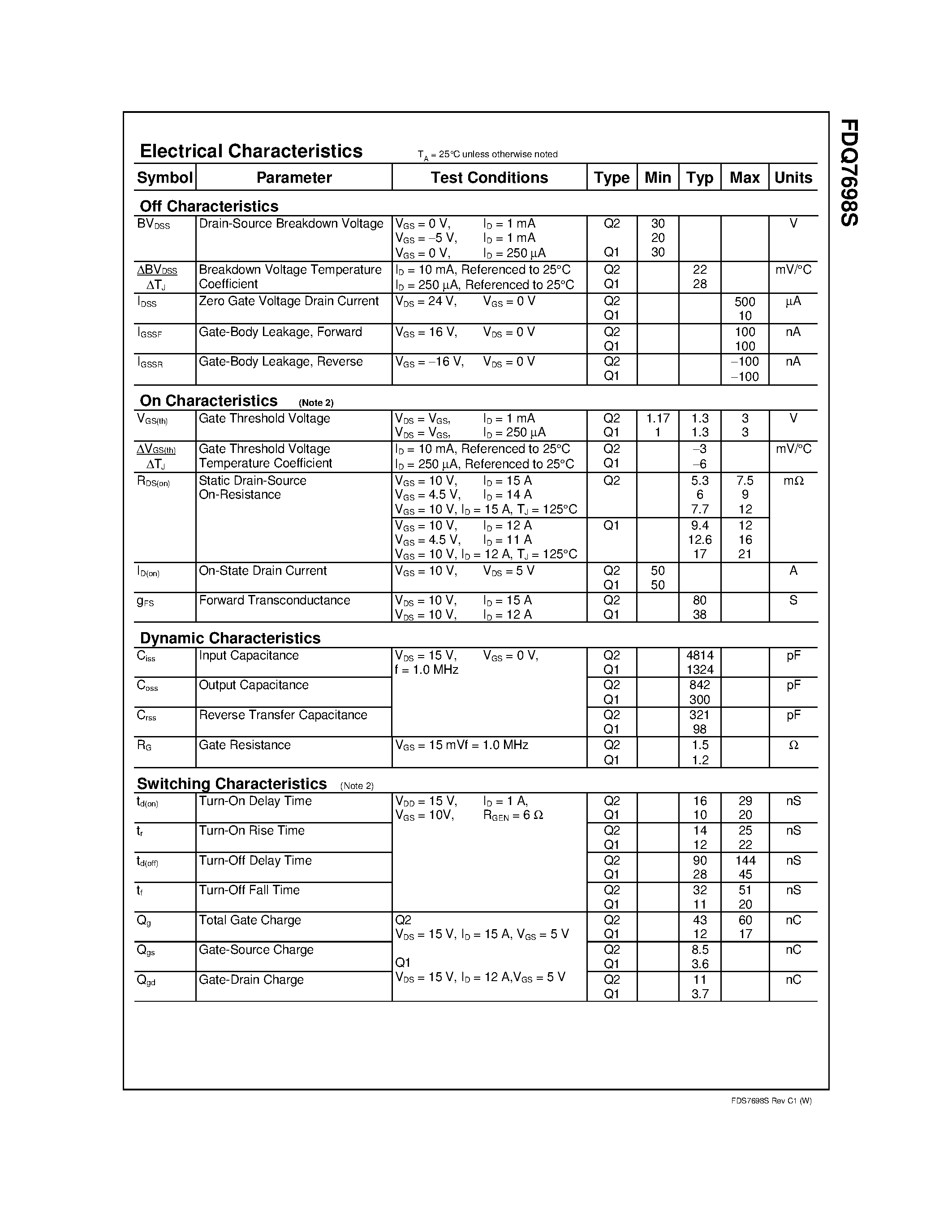 Datasheet FDQ7698S - Dual Notebook Power Supply N-Channel PowerTrench page 2