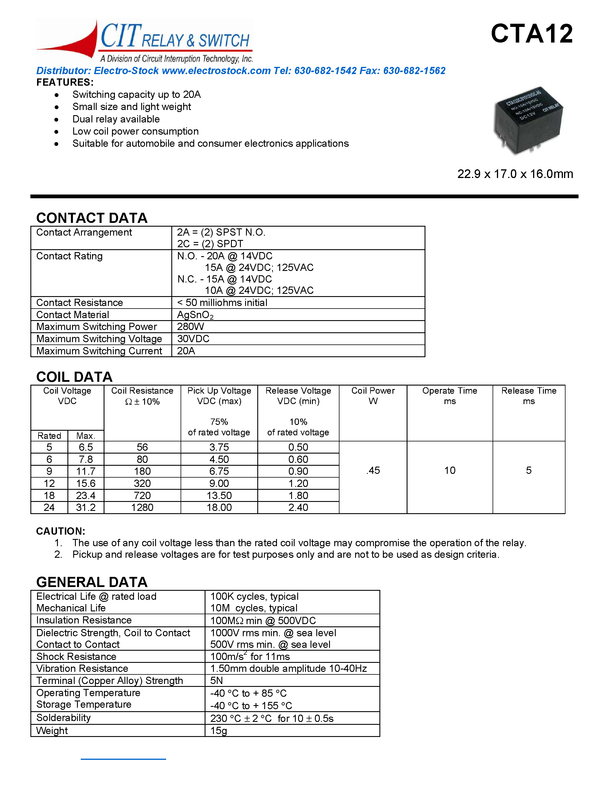 Даташит CAT12 - Switching capacity up to 20A Small size and light weight страница 1