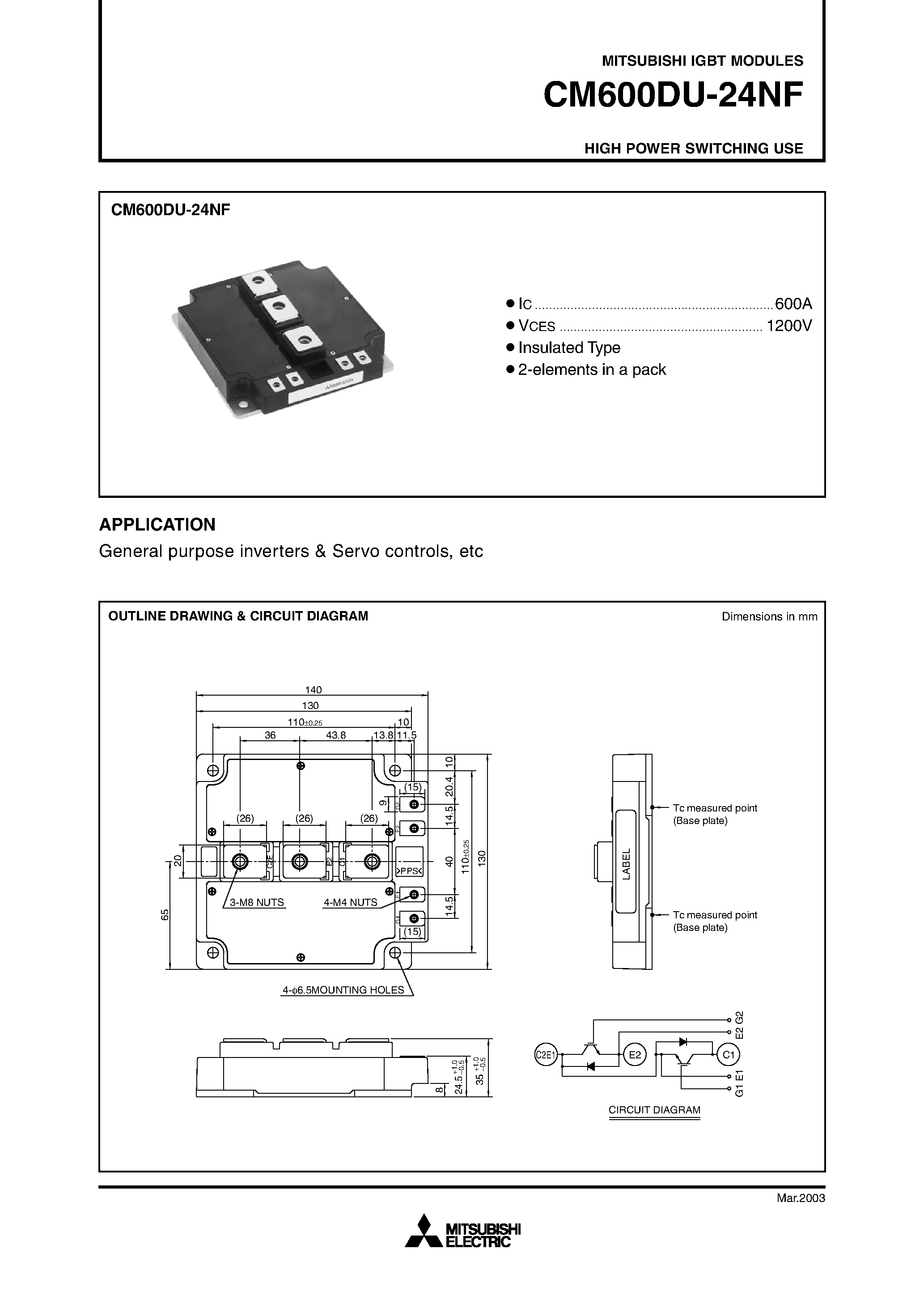 Даташит на микросхему CM600DU-24NF страница 1 Даташит CM600DU-24NF - HIGH POWER SWITCHING USE страница 1