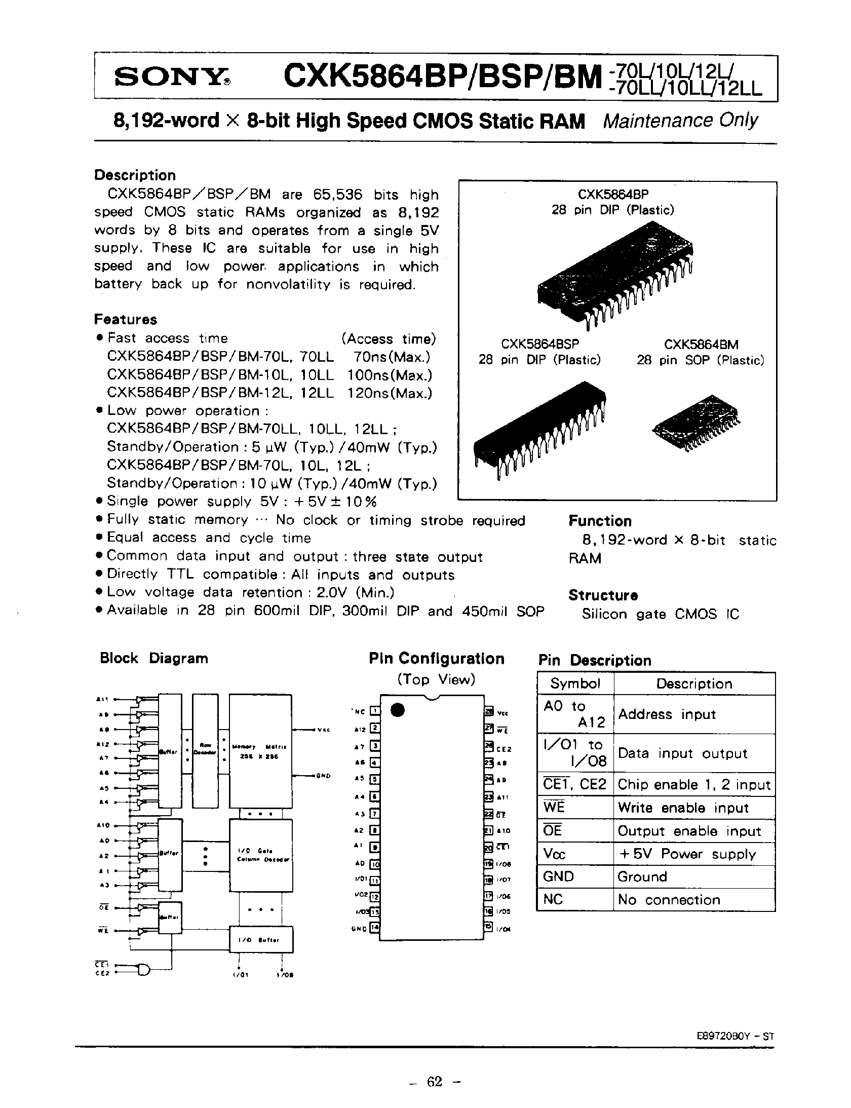 Datasheet CXK5864B - 8192-WORD X 8-BIT HIGH SPEED CMOS STATIC RAM page 1