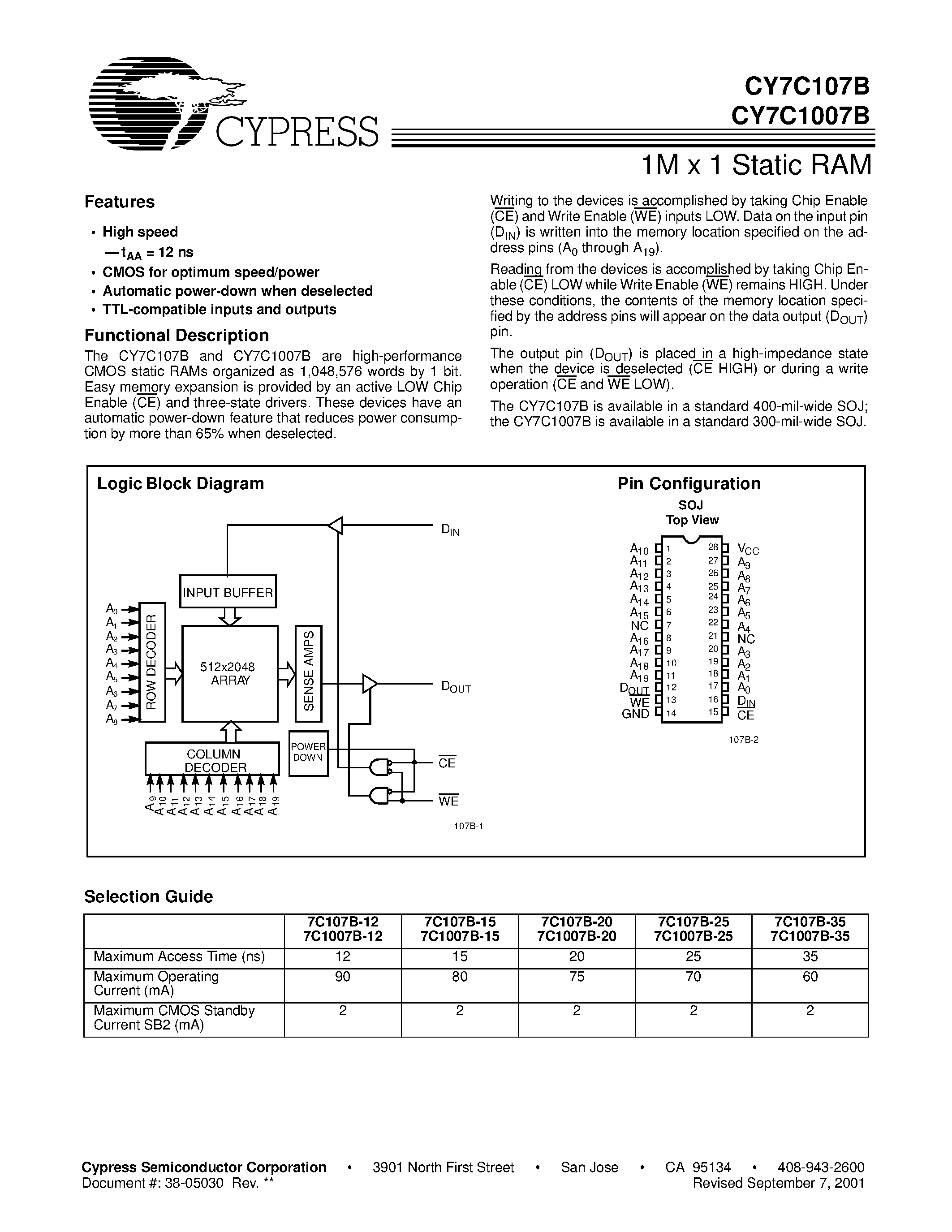 Даташит на микросхему CY7C107B страница 1 Даташит CY7C107B - 1M x 1 Static RAM страница 1