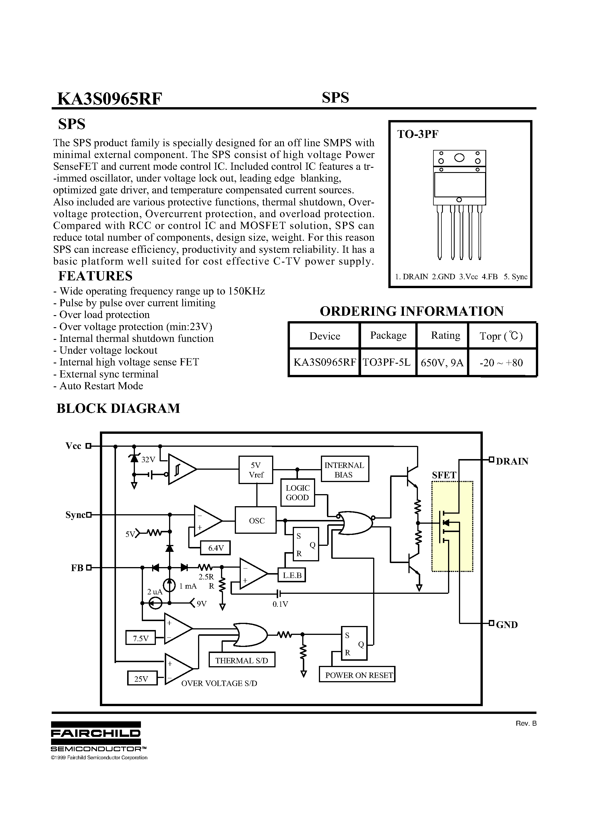 Datasheet KA3S0965RF - The SPS product family is specially designed for an off line SMPS with minimal external component page 1