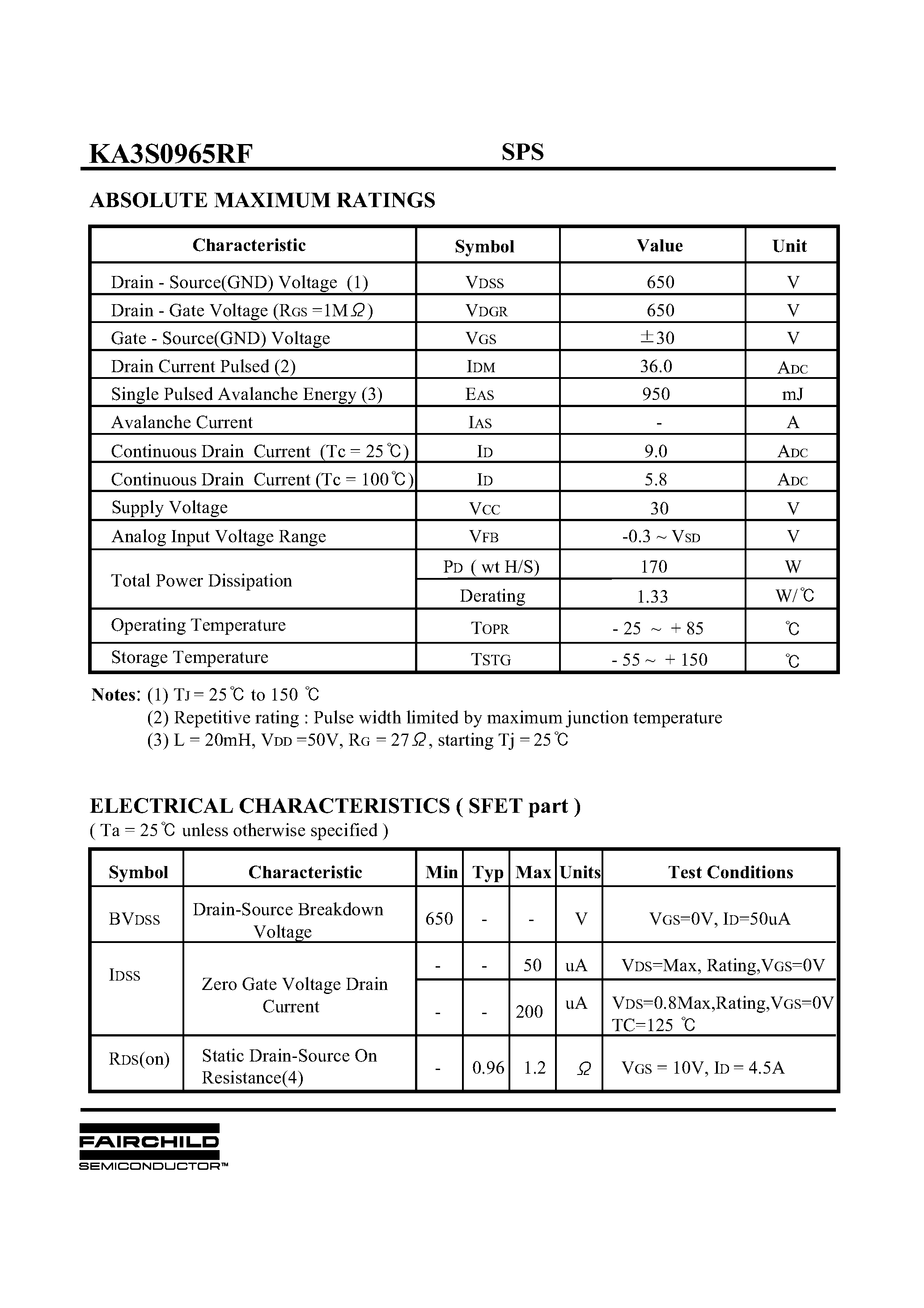 Datasheet KA3S0965RF - The SPS product family is specially designed for an off line SMPS with minimal external component page 2